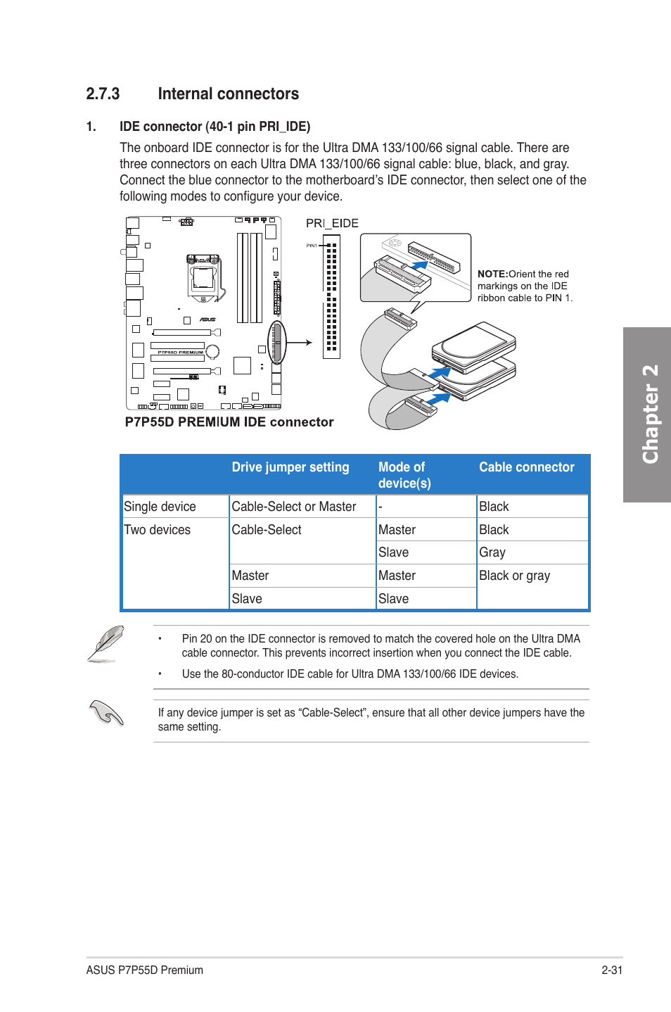 3 internal connectors, Internal connectors -31, Chapter 2 | Asus P7P55D Premium User Manual | Page 51 / 128