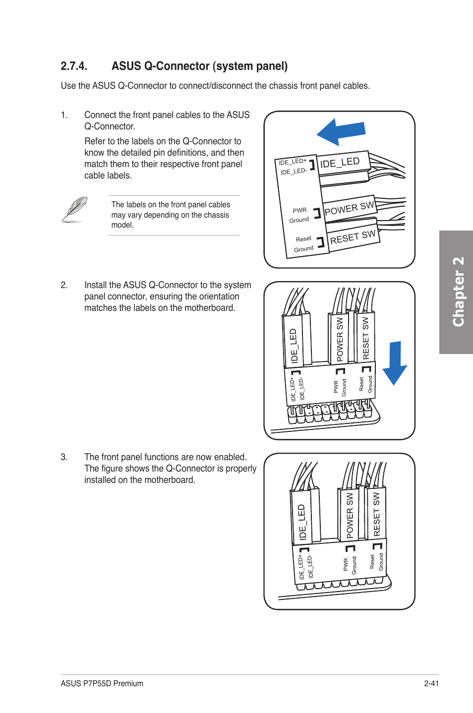 Asus q-connector (system panel), Asus q-connector (system panel) -41, Chapter 2 | Asus P7P55D Premium User Manual | Page 61 / 128