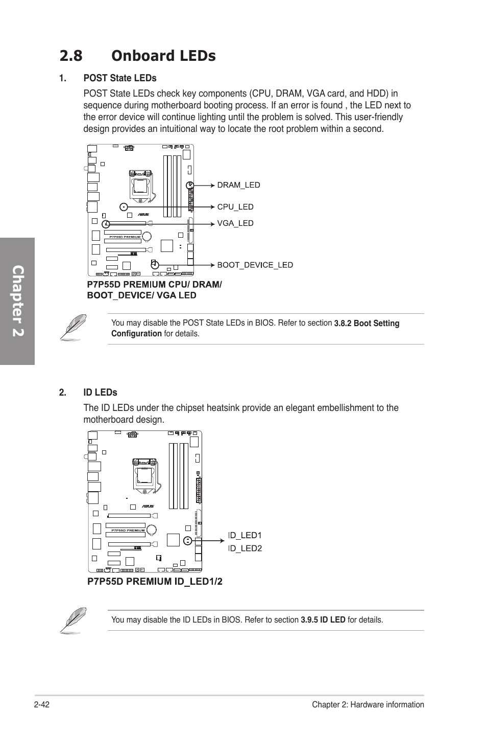 8 onboard leds, Onboard leds -42, Chapter 2 2.8 onboard leds | Asus P7P55D Premium User Manual | Page 62 / 128