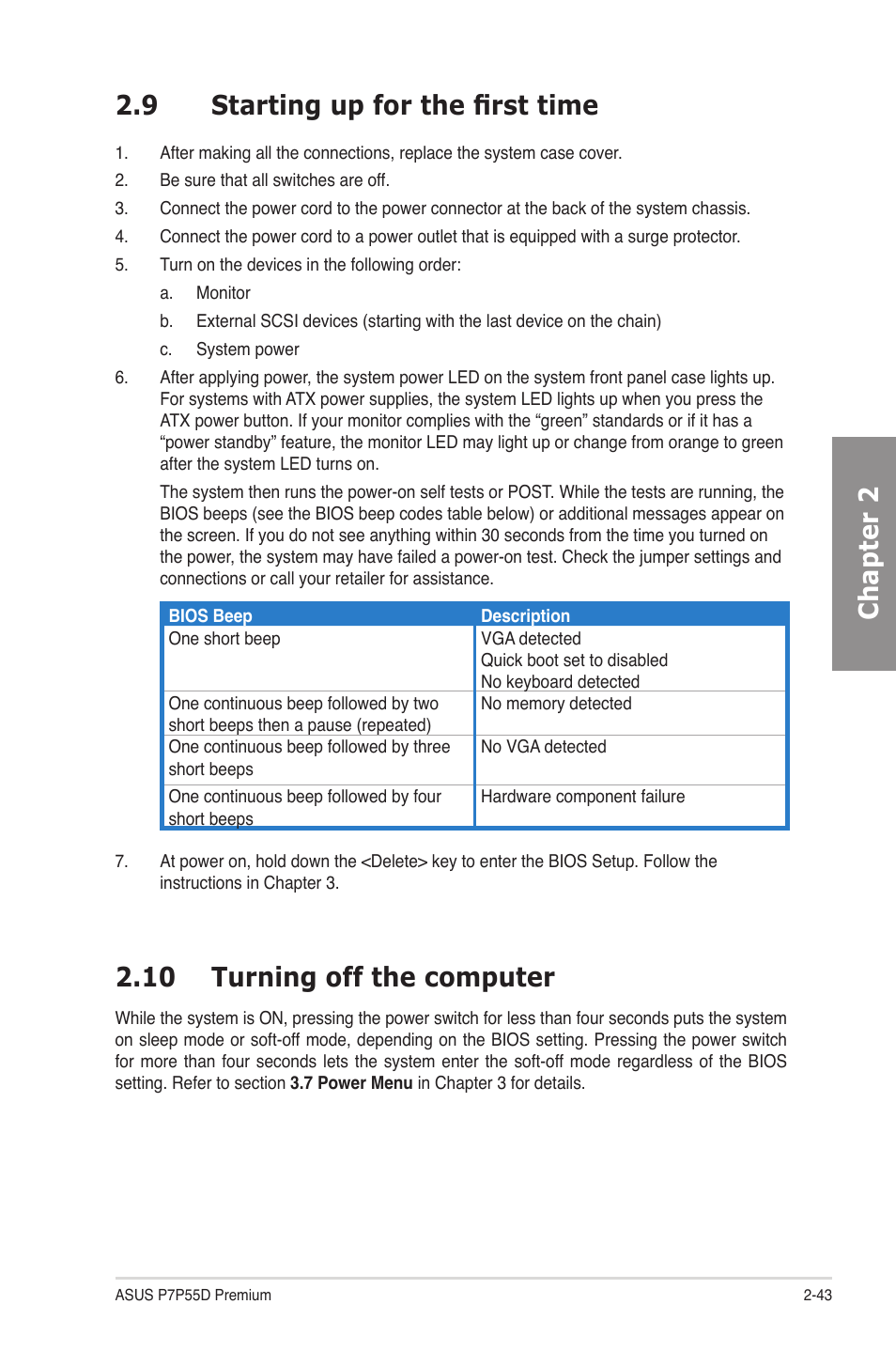 9 starting up for the first time, 10 turning off the computer, Starting up for the first time -43 | Turning off the computer -43, Chapter 2 2.9 starting up for the first time | Asus P7P55D Premium User Manual | Page 63 / 128