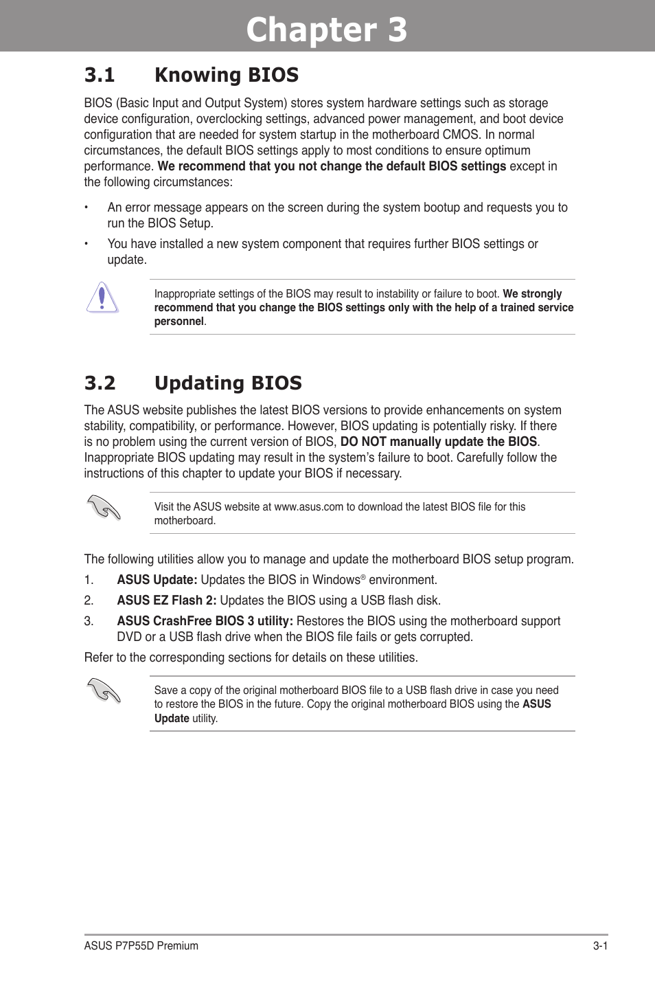 Chapter 3: bios setup, 1 knowing bios, 2 updating bios | Chapter 3, Bios setup, Knowing bios -1, Updating bios -1 | Asus P7P55D Premium User Manual | Page 65 / 128