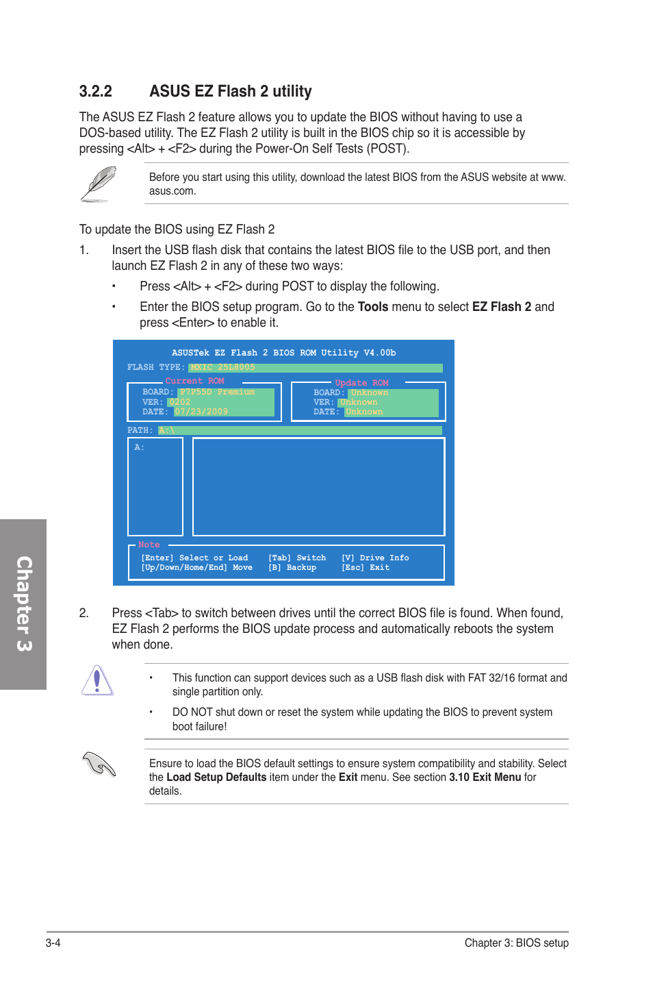 2 asus ez flash 2 utility, Asus ez flash 2 utility -4, Chapter 3 | Asus P7P55D Premium User Manual | Page 68 / 128