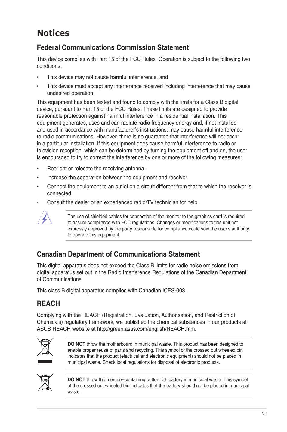 Notices, Federal communications commission statement, Canadian department of communications statement | Reach | Asus P7P55D Premium User Manual | Page 7 / 128