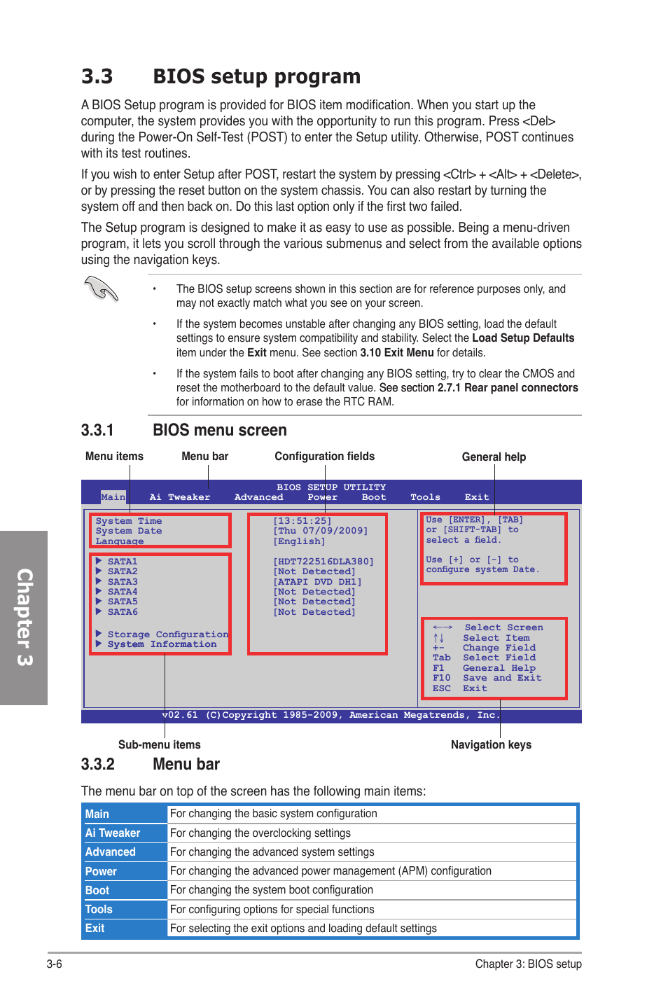 3 bios setup program, 1 bios menu screen, 2 menu bar | Bios setup program -6 3.3.1, Bios menu screen -6, Menu bar -6, Chapter 3 3.3 bios setup program, 1 bios menu screen 3.3.2 menu bar | Asus P7P55D Premium User Manual | Page 70 / 128