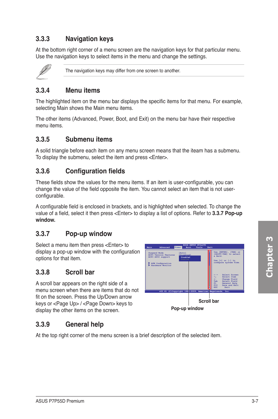 3 navigation keys, 4 menu items, 5 submenu items | 6 configuration fields, 7 pop-up window, 8 scroll bar, 9 general help, Navigation keys -7, Menu items -7, Submenu items -7 | Asus P7P55D Premium User Manual | Page 71 / 128