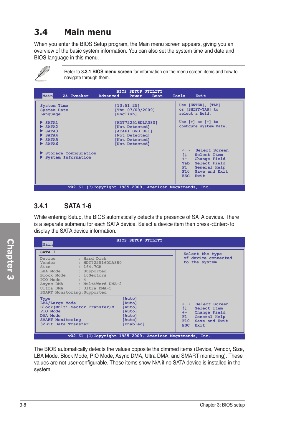 4 main menu, 1 sata 1-6, Main menu -8 3.4.1 | Sata 1-6 -8, Chapter 3 3.4 main menu | Asus P7P55D Premium User Manual | Page 72 / 128