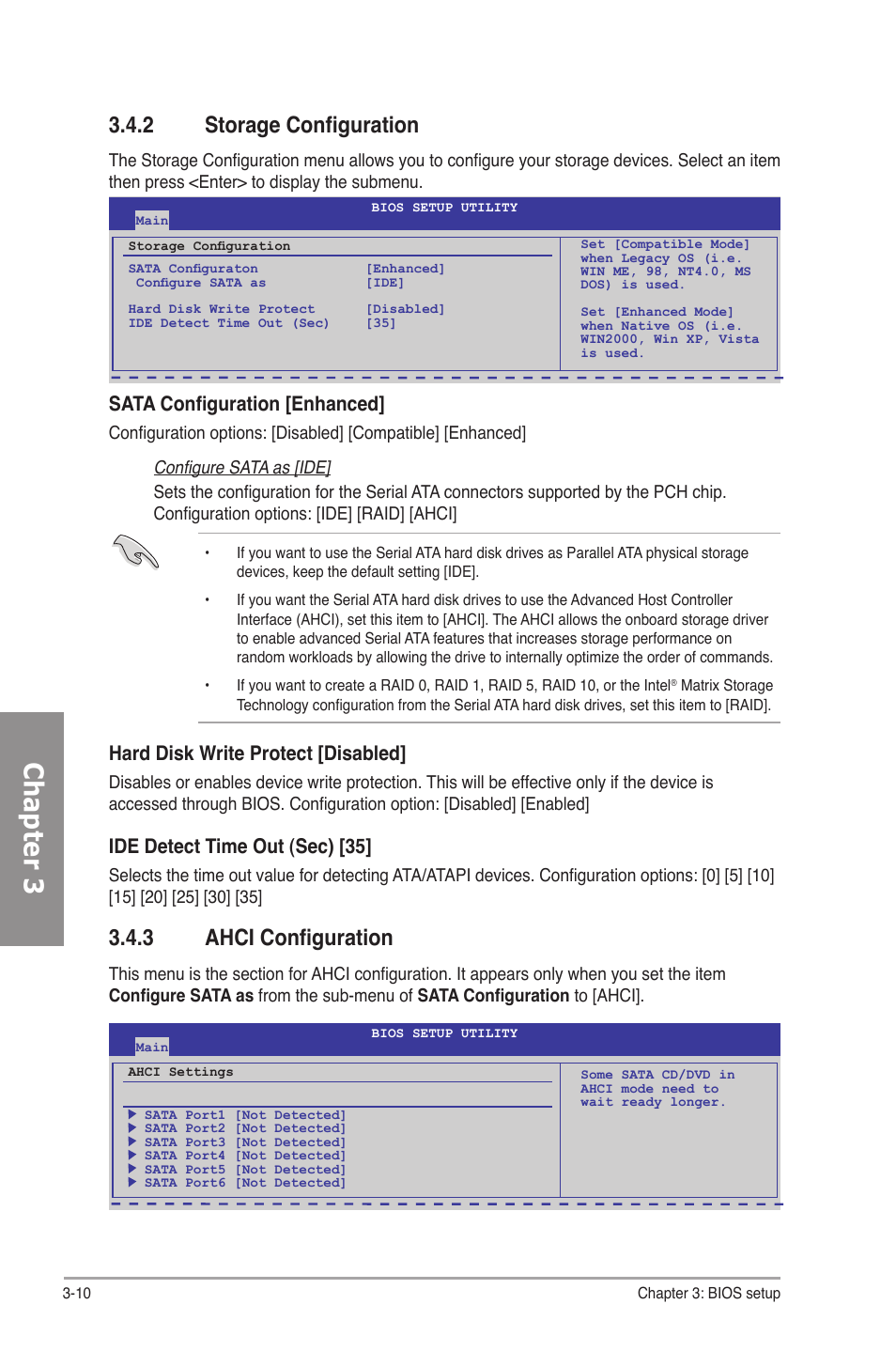 2 storage configuration, 3 ahci configuration, Storage configuration -10 | Ahci configuration -10, Chapter 3, Sata configuration [enhanced, Hard disk write protect [disabled, Ide detect time out (sec) [35 | Asus P7P55D Premium User Manual | Page 74 / 128