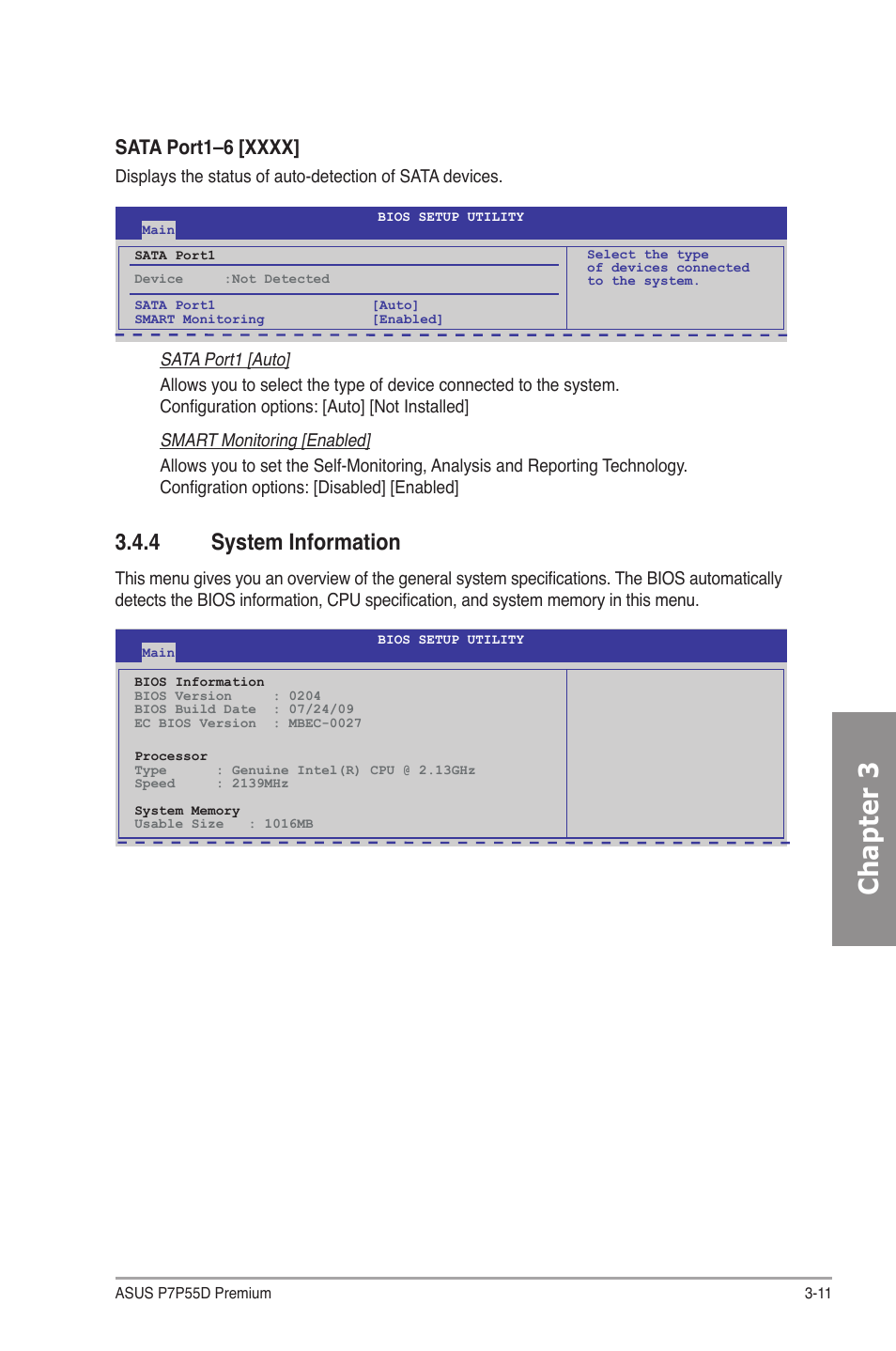 4 system information, System information -11, Chapter 3 | Asus P7P55D Premium User Manual | Page 75 / 128