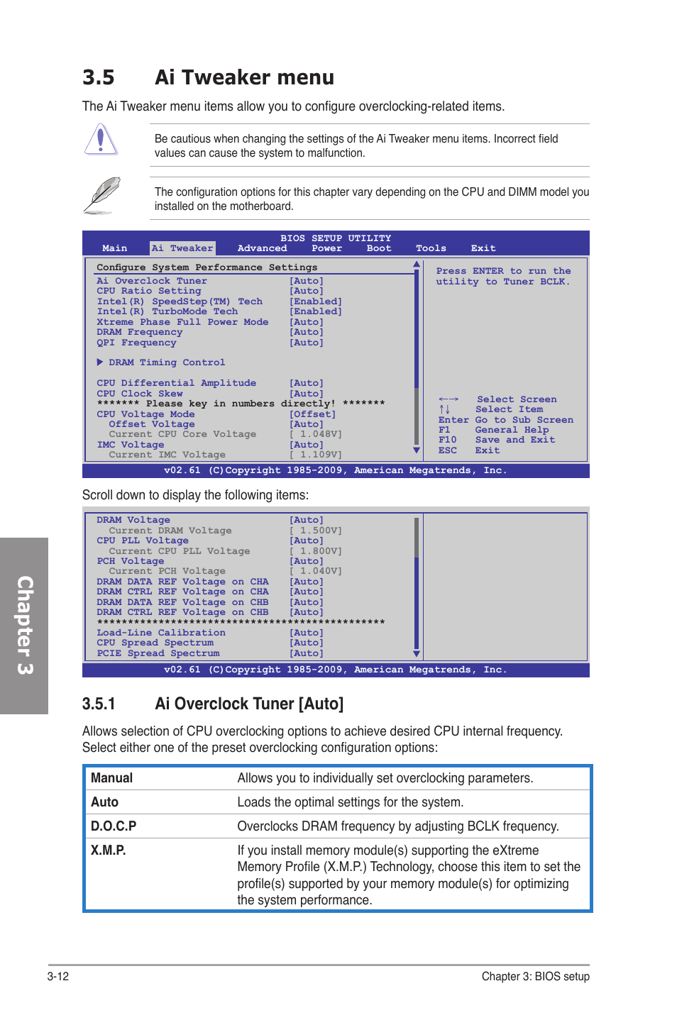 5 ai tweaker menu, 1 ai overclock tuner [auto, Ai tweaker menu -12 3.5.1 | Ai overclock tuner -12, Chapter 3 3.5 ai tweaker menu | Asus P7P55D Premium User Manual | Page 76 / 128