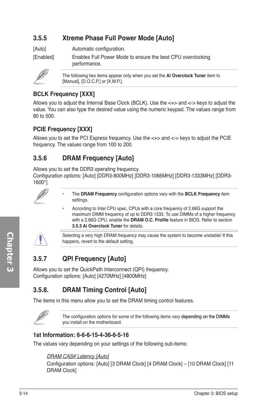 5 xtreme phase full power mode [auto, 6 dram frequency [auto, 7 qpi frequency [auto | Dram timing control [auto, Xtreme phase full power mode -14, Dram frequency -14, Qpi frequency -14, Dram timing control -14, Chapter 3 | Asus P7P55D Premium User Manual | Page 78 / 128