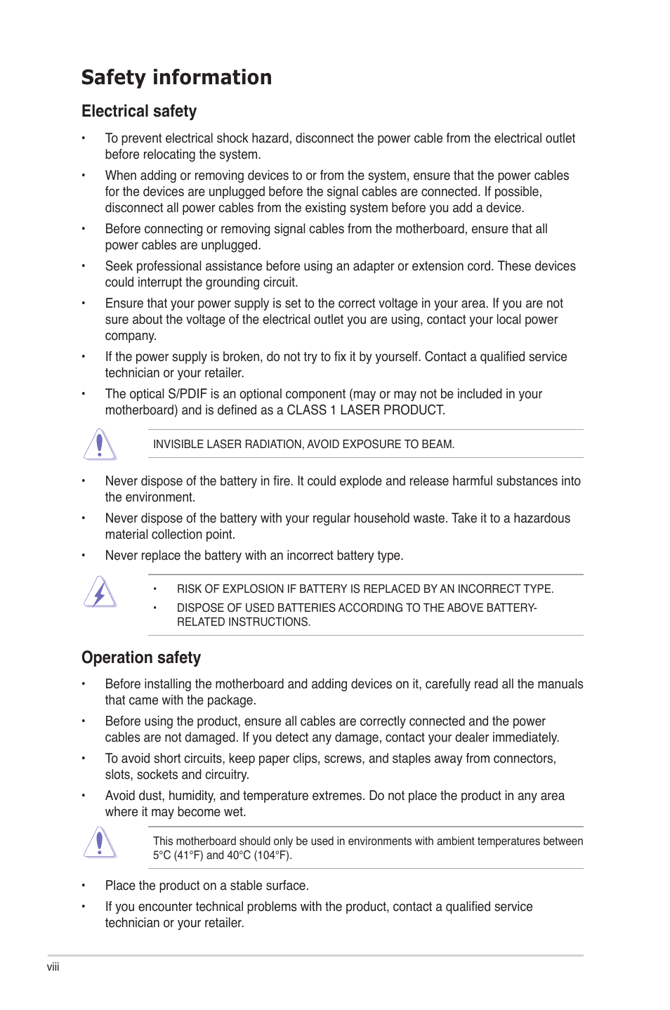 Safety information, Electrical safety, Operation safety | Asus P7P55D Premium User Manual | Page 8 / 128