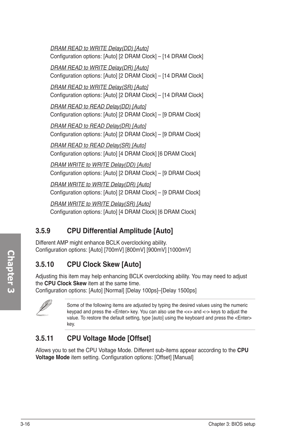 9 cpu differential amplitude [auto, 10 cpu clock skew [auto, 11 cpu voltage mode [offset | Cpu differential amplitude -16, Cpu clock skew -16, Cpu voltage mode -16, Chapter 3 | Asus P7P55D Premium User Manual | Page 80 / 128