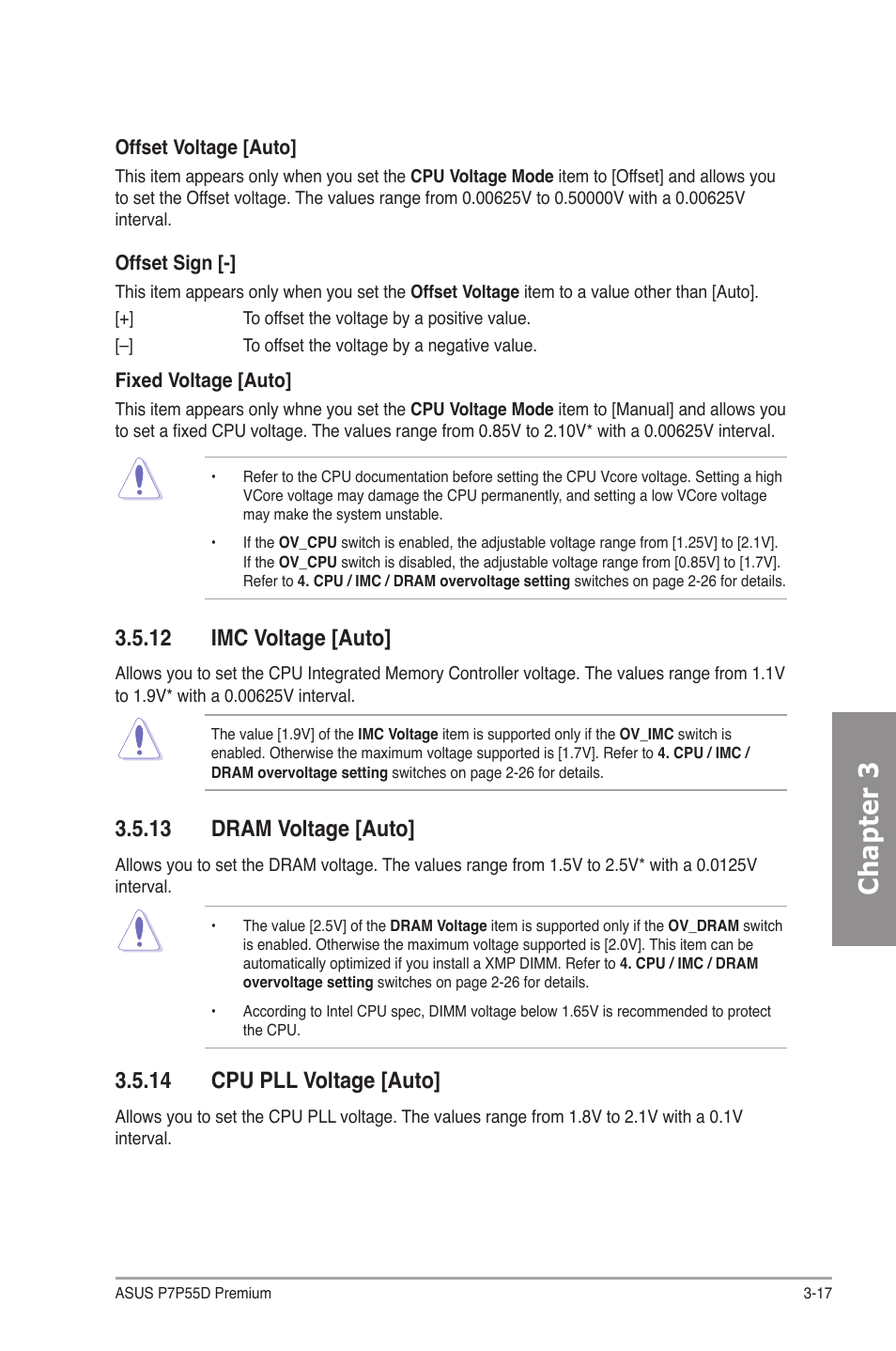 12 imc voltage [auto, 13 dram voltage [auto, 14 cpu pll voltage [auto | Imc voltage -17, Dram voltage -17, Cpu pll voltage -17, Chapter 3 | Asus P7P55D Premium User Manual | Page 81 / 128