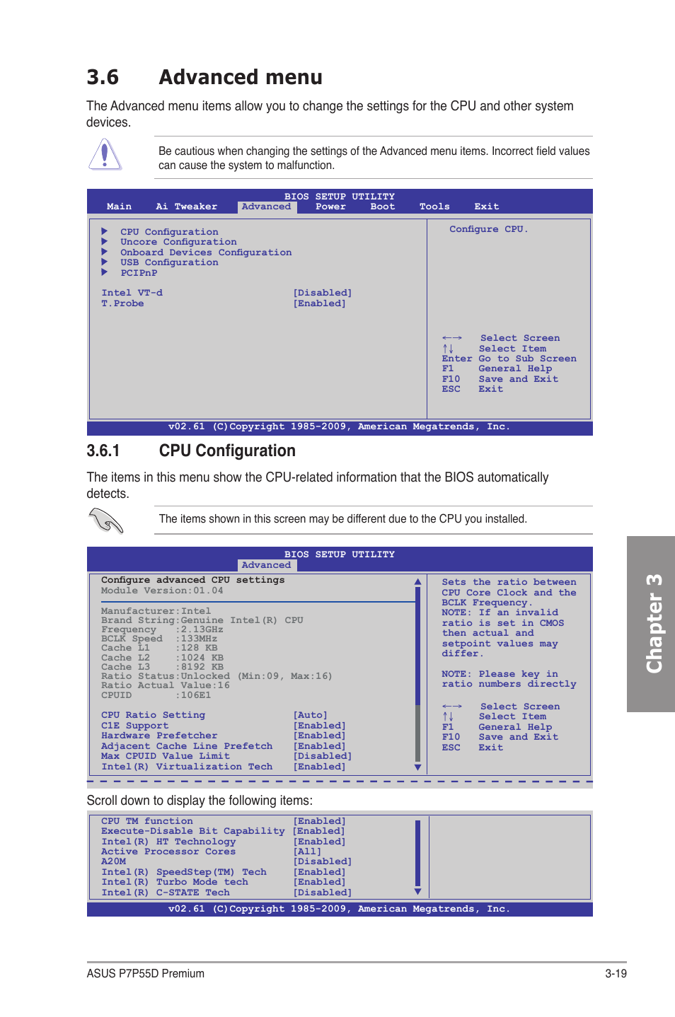 6 advanced menu, 1 cpu configuration, Advanced menu -19 3.6.1 | Cpu configuration -19, Chapter 3, Scroll down to display the following items | Asus P7P55D Premium User Manual | Page 83 / 128