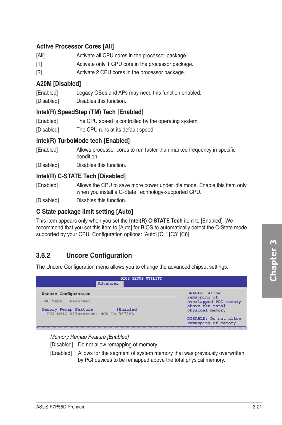 2 uncore configuration, Uncore configuration -21, Chapter 3 | Asus P7P55D Premium User Manual | Page 85 / 128