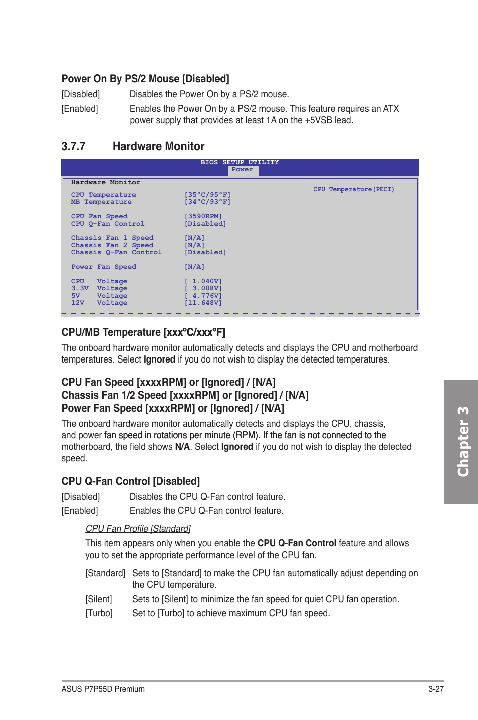 7 hardware monitor, Hardware monitor -27, Chapter 3 | Cpu/mb temperature [xxxºc/xxxºf] [xxxºc/xxxºf, Cpu q-fan control [disabled, Power on by ps/2 mouse [disabled | Asus P7P55D Premium User Manual | Page 91 / 128