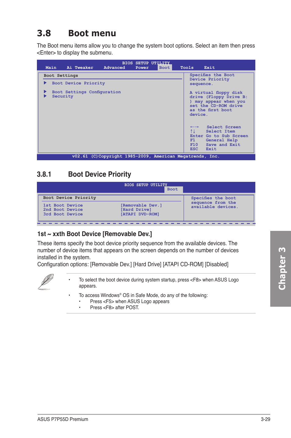 8 boot menu, 1 boot device priority, Boot menu -29 3.8.1 | Boot device priority -29, Chapter 3 3.8 boot menu, 1st ~ xxth boot device [removable dev | Asus P7P55D Premium User Manual | Page 93 / 128