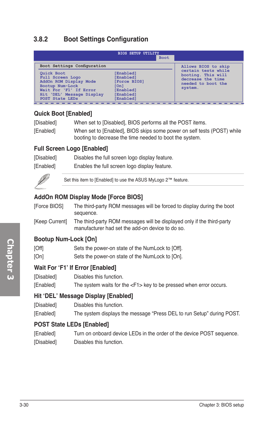 2 boot settings configuration, Boot settings configuration -30, Chapter 3 | Quick boot [enabled, Full screen logo [enabled, Addon rom display mode [force bios, Bootup num-lock [on, Wait for ‘f1’ if error [enabled, Hit ‘del’ message display [enabled, Post state leds [enabled | Asus P7P55D Premium User Manual | Page 94 / 128