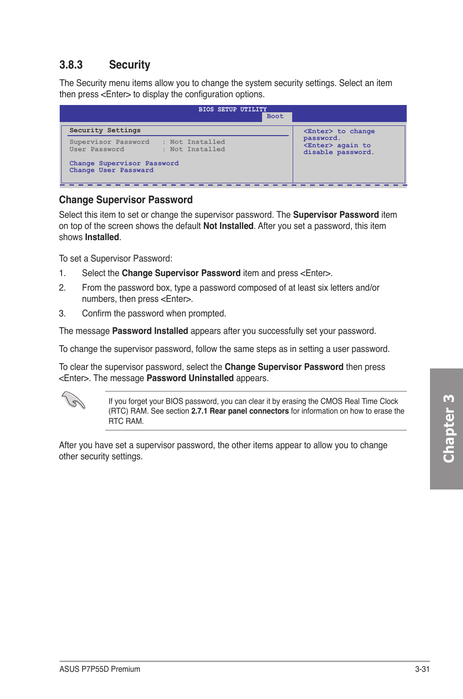 3 security, Security -31, Chapter 3 | Change supervisor password | Asus P7P55D Premium User Manual | Page 95 / 128