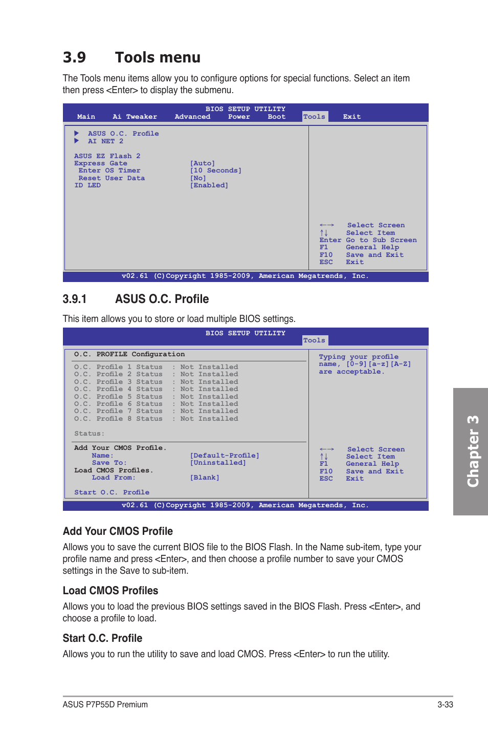 9 tools menu, 1 asus o.c. profile, Tools menu -33 3.9.1 | Asus o.c. profile -33, Chapter 3 3.9 tools menu, Add your cmos profile, Load cmos profiles, Start o.c. profile | Asus P7P55D Premium User Manual | Page 97 / 128