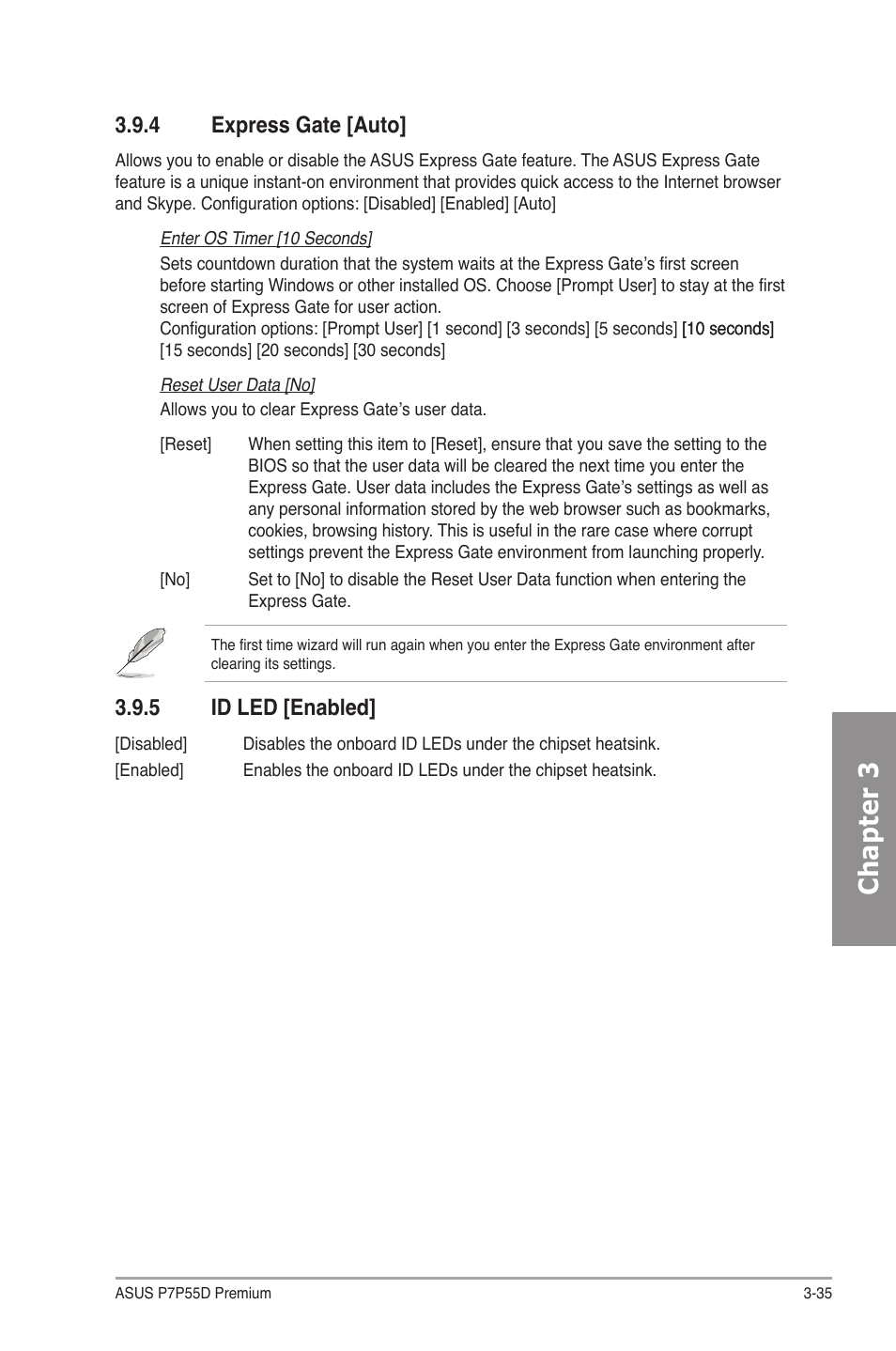 4 express gate [auto, 5 id led [enabled, Express gate -35 | Id led -35, Chapter 3 | Asus P7P55D Premium User Manual | Page 99 / 128