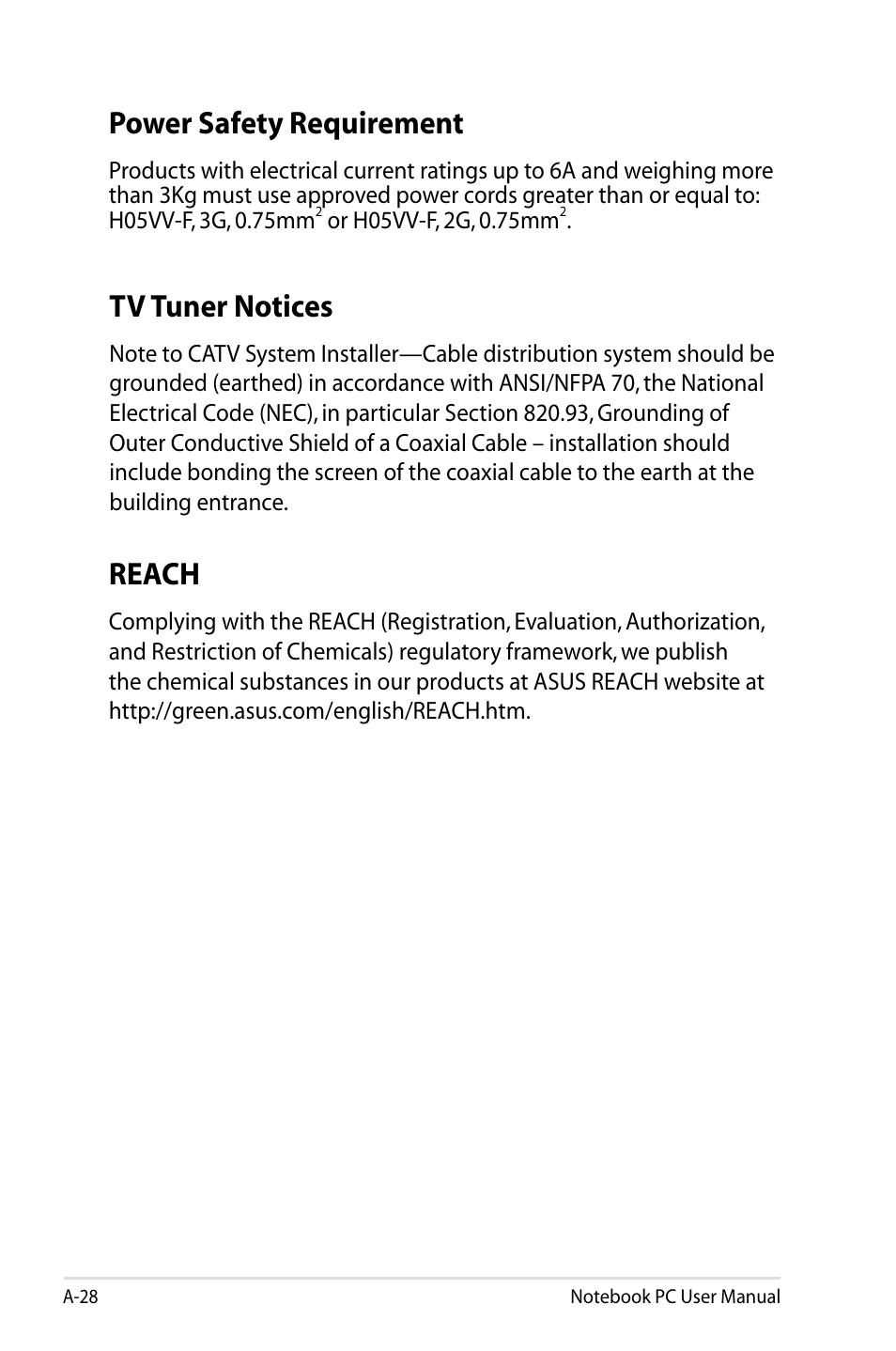 Power safety requirement, Reach, Tv tuner notices | Asus X77JV User Manual | Page 102 / 112