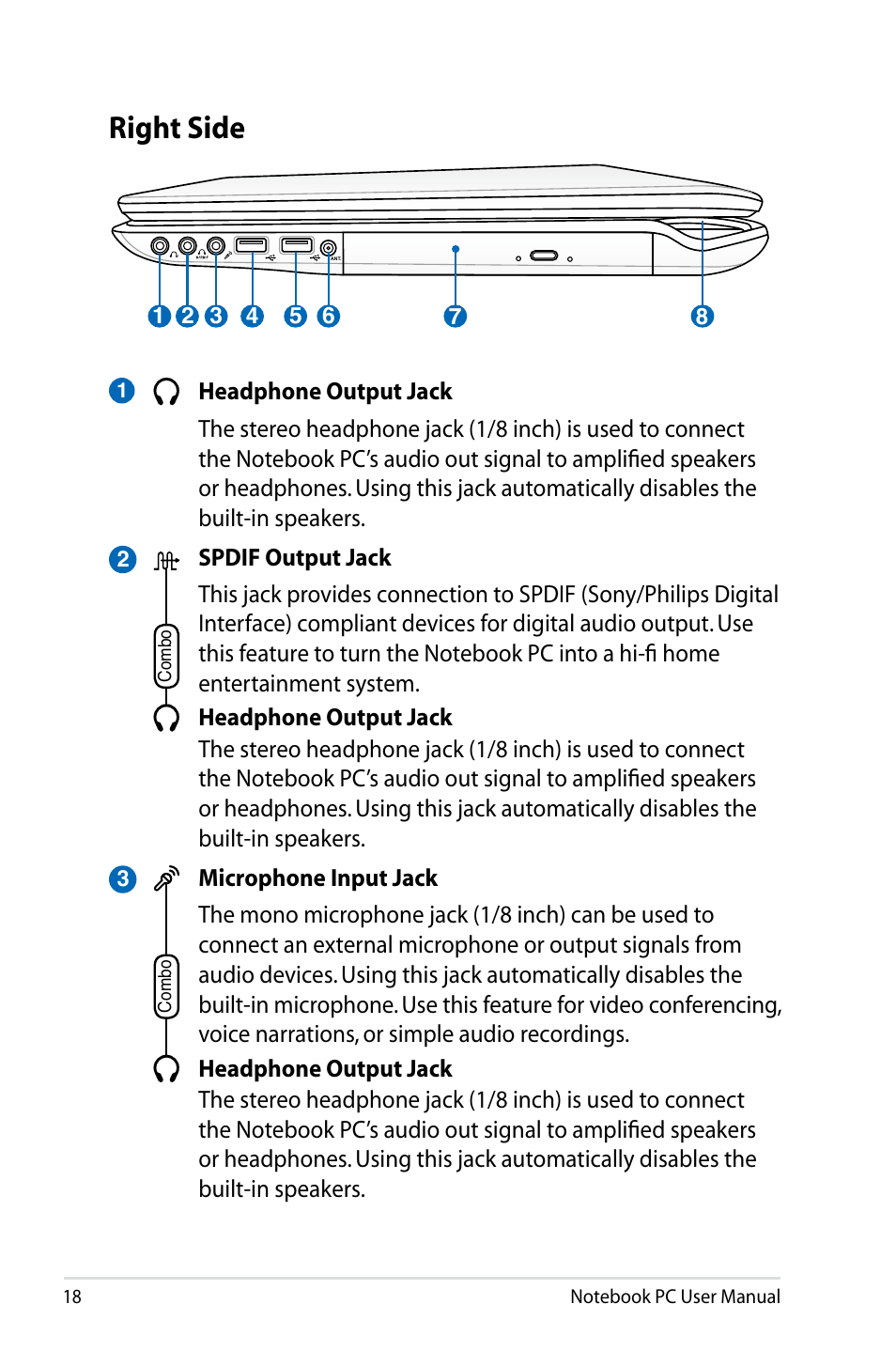 Right side | Asus X77JV User Manual | Page 18 / 112
