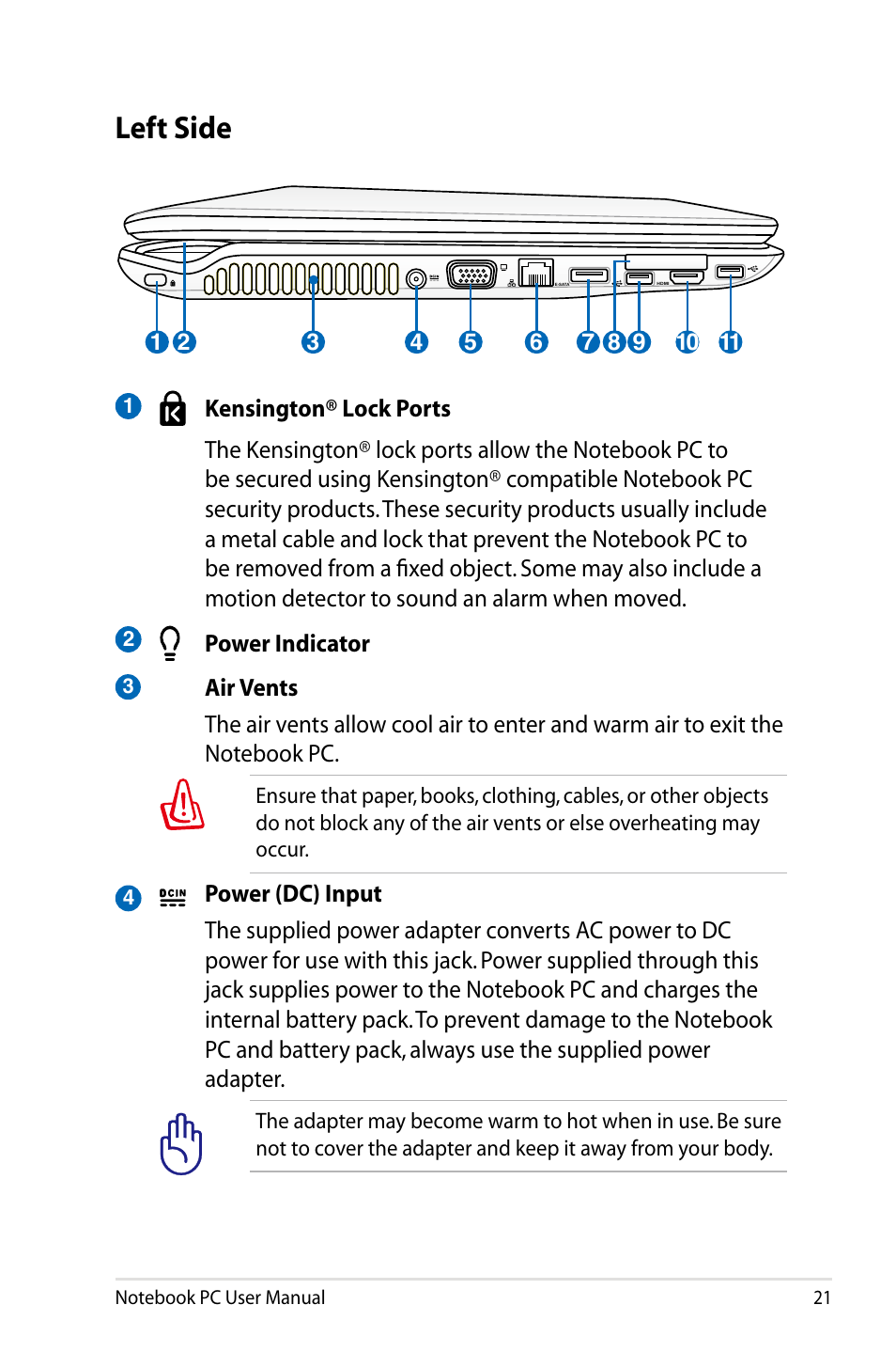 Left side | Asus X77JV User Manual | Page 21 / 112