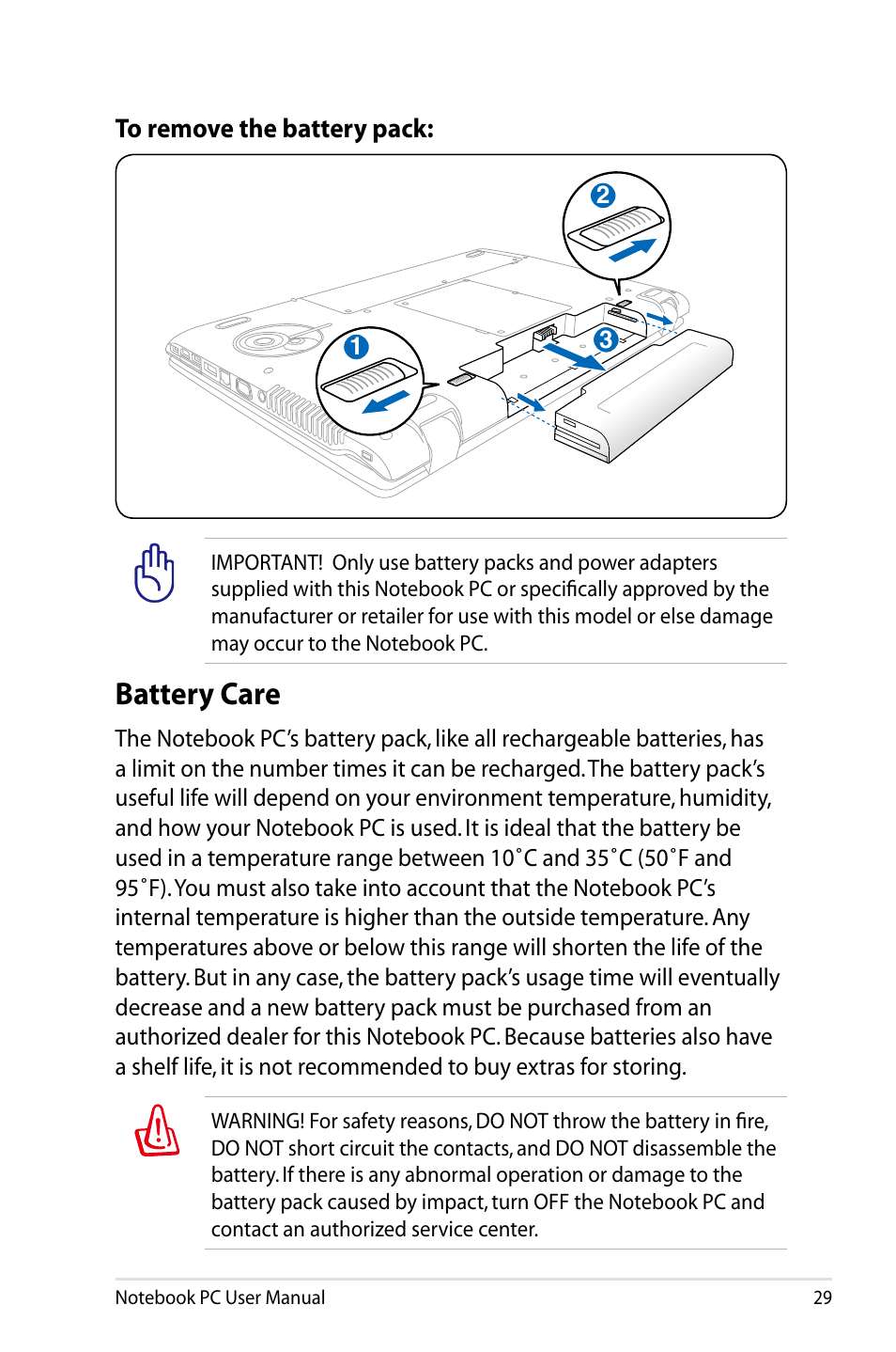 Battery care | Asus X77JV User Manual | Page 29 / 112