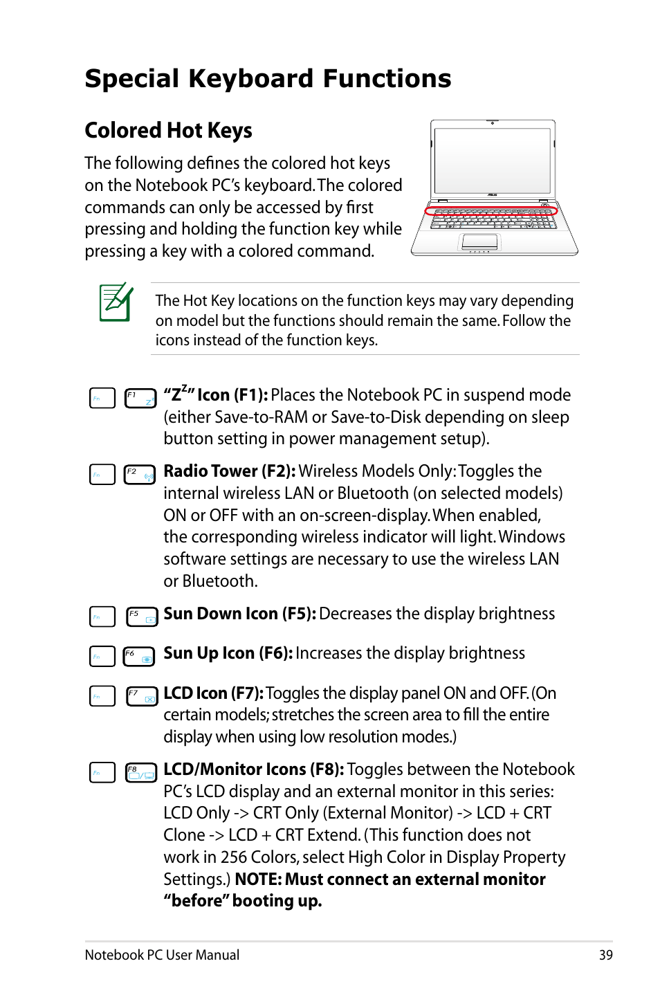 Special keyboard functions, Colored hot keys | Asus X77JV User Manual | Page 39 / 112