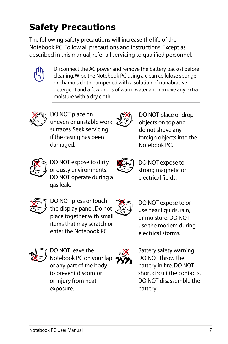 Safety precautions | Asus X77JV User Manual | Page 7 / 112