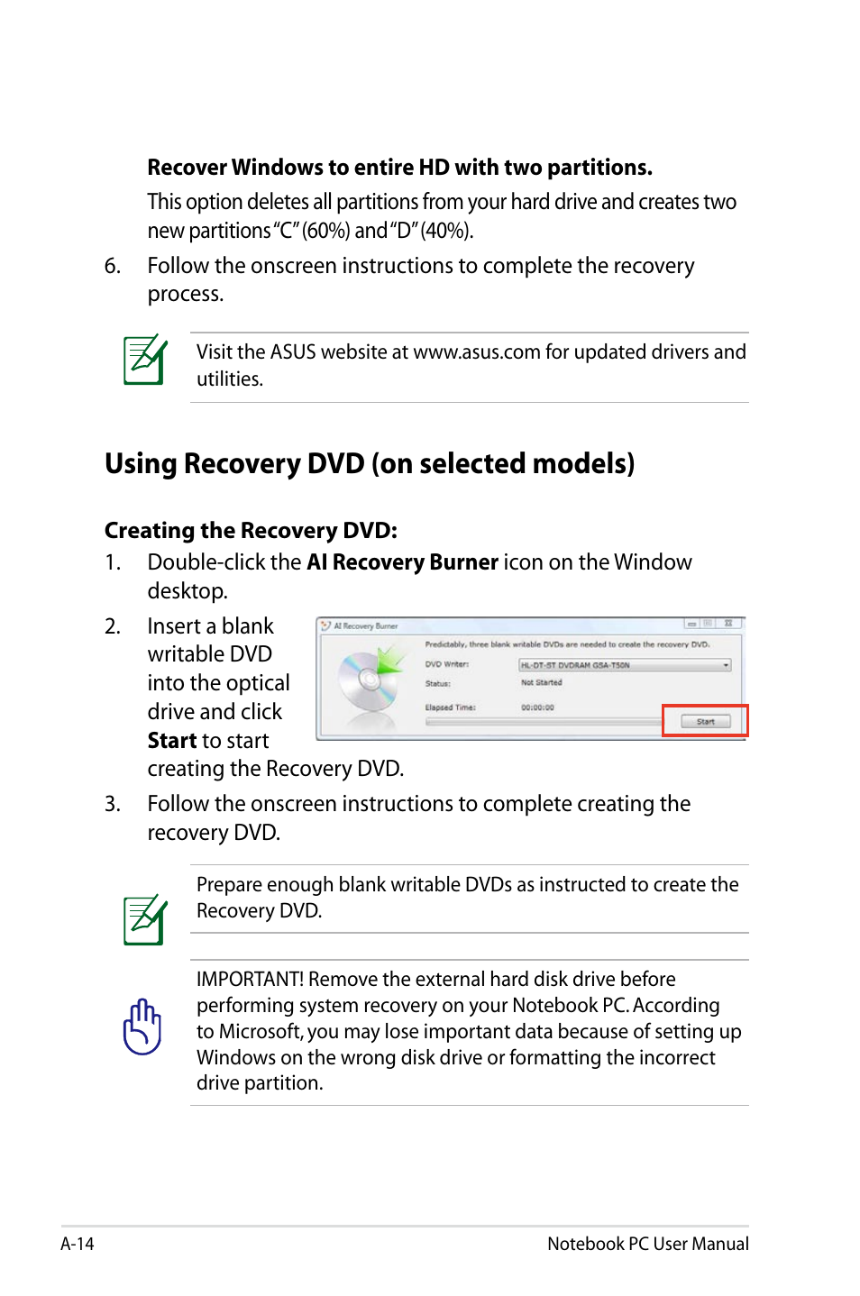 Using recovery dvd (on selected models) | Asus X77JV User Manual | Page 88 / 112