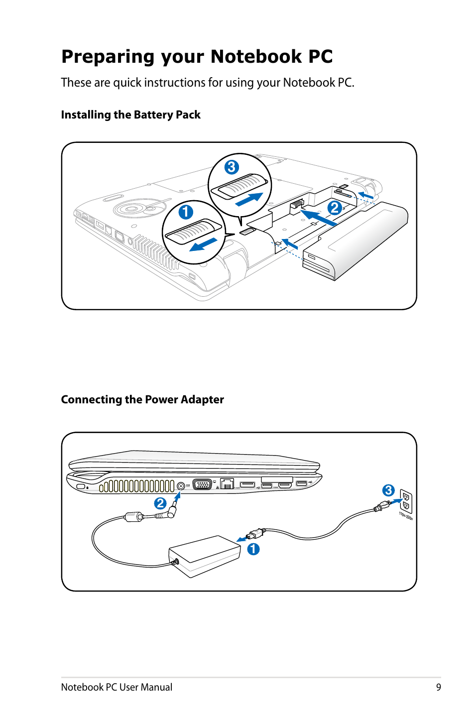 Preparing your notebook pc | Asus X77JV User Manual | Page 9 / 112