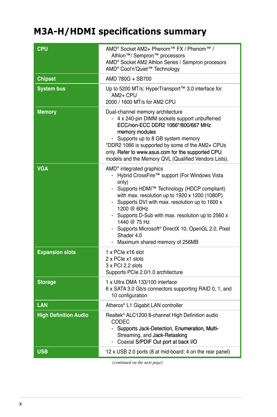 M3a-h/hdmi specifications summary | Asus M3A-H/HDMI User Manual | Page 10 / 106