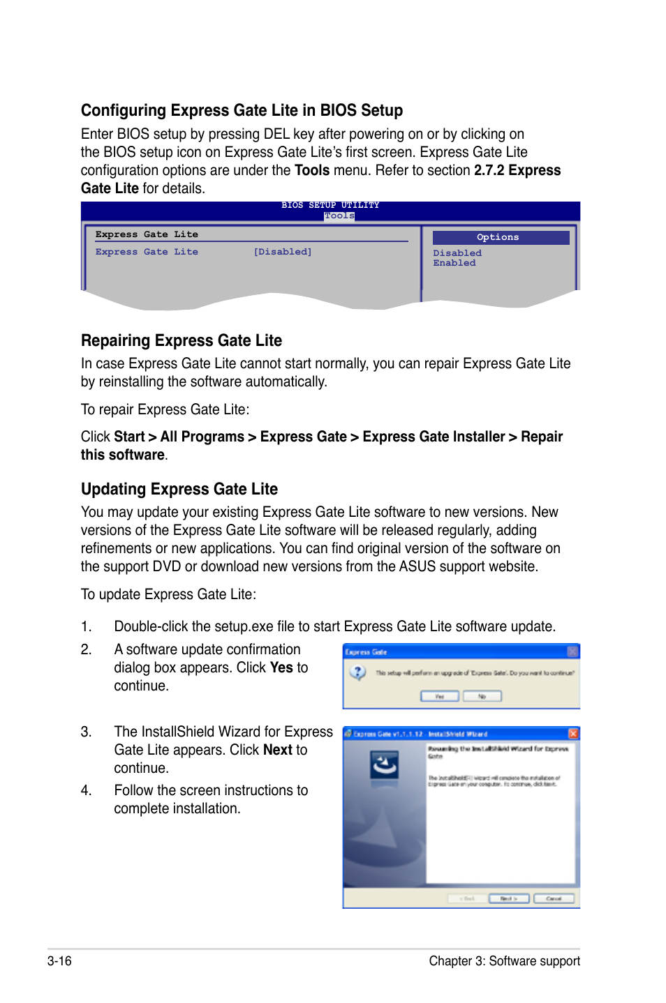 Configuring express gate lite in bios setup, Repairing express gate lite, Updating express gate lite | Asus M3A-H/HDMI User Manual | Page 106 / 106