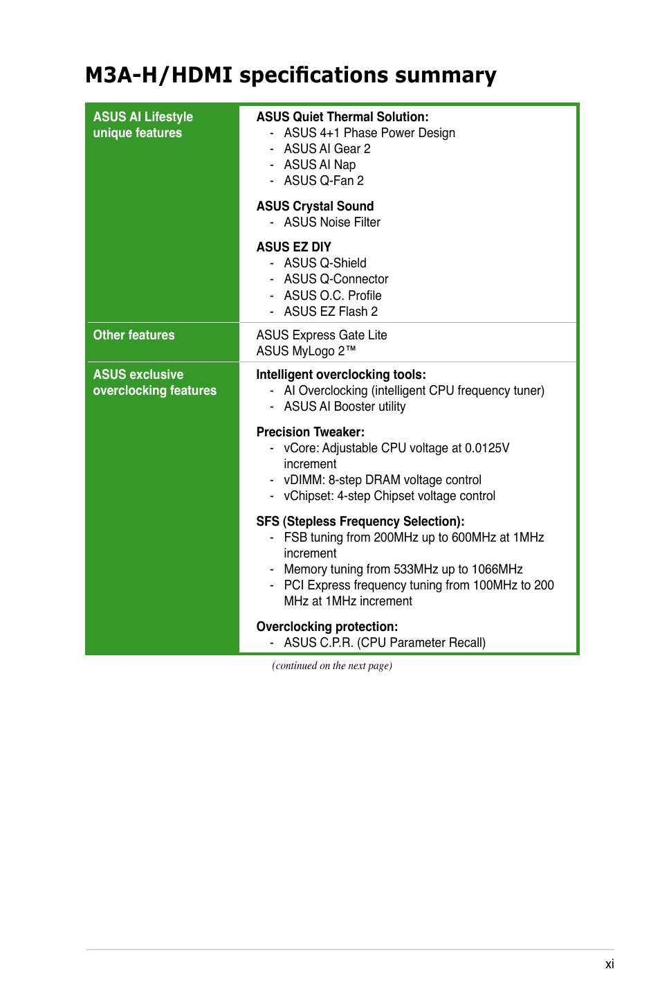 M3a-h/hdmi specifications summary | Asus M3A-H/HDMI User Manual | Page 11 / 106