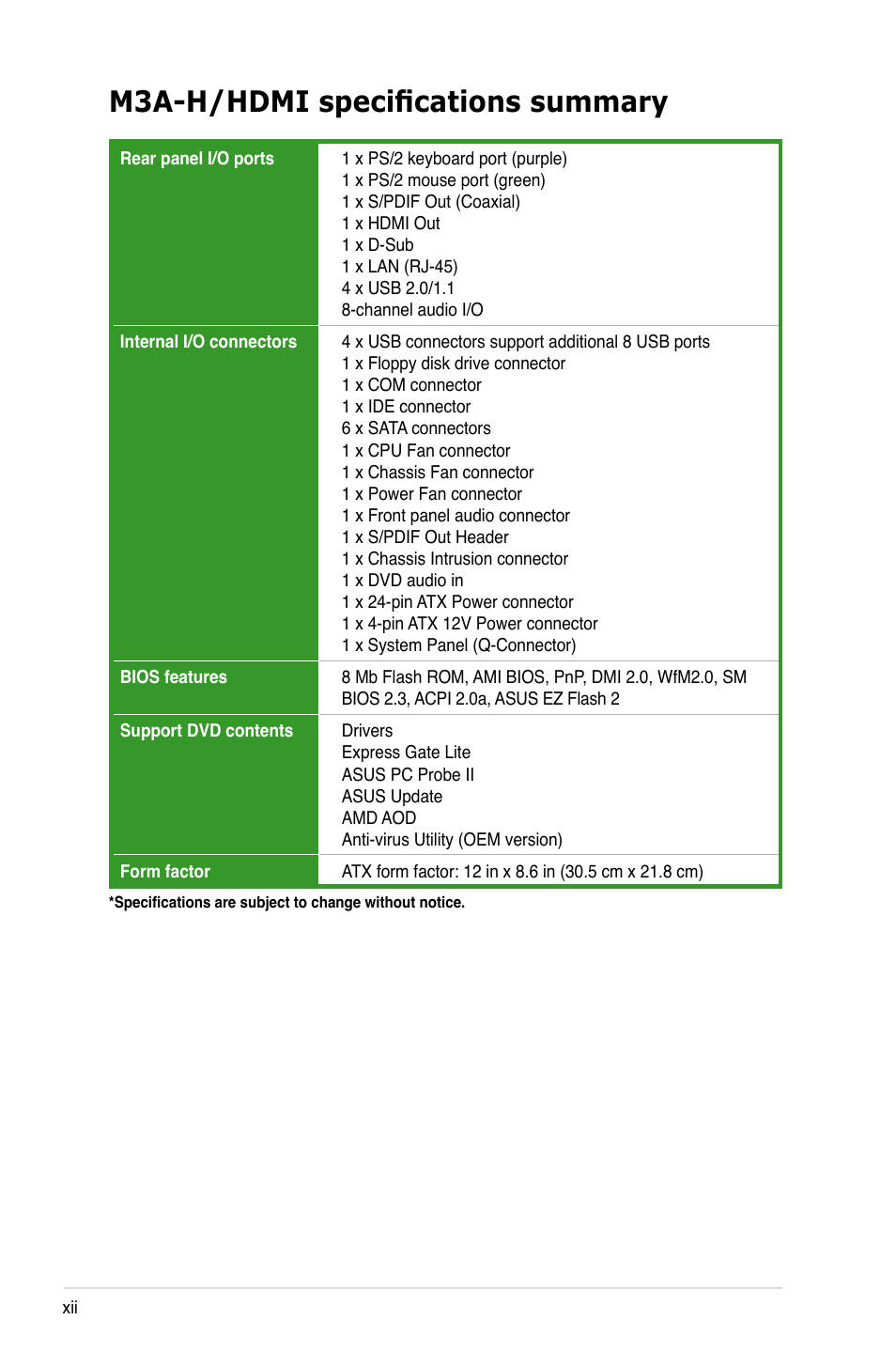 M3a-h/hdmi specifications summary | Asus M3A-H/HDMI User Manual | Page 12 / 106