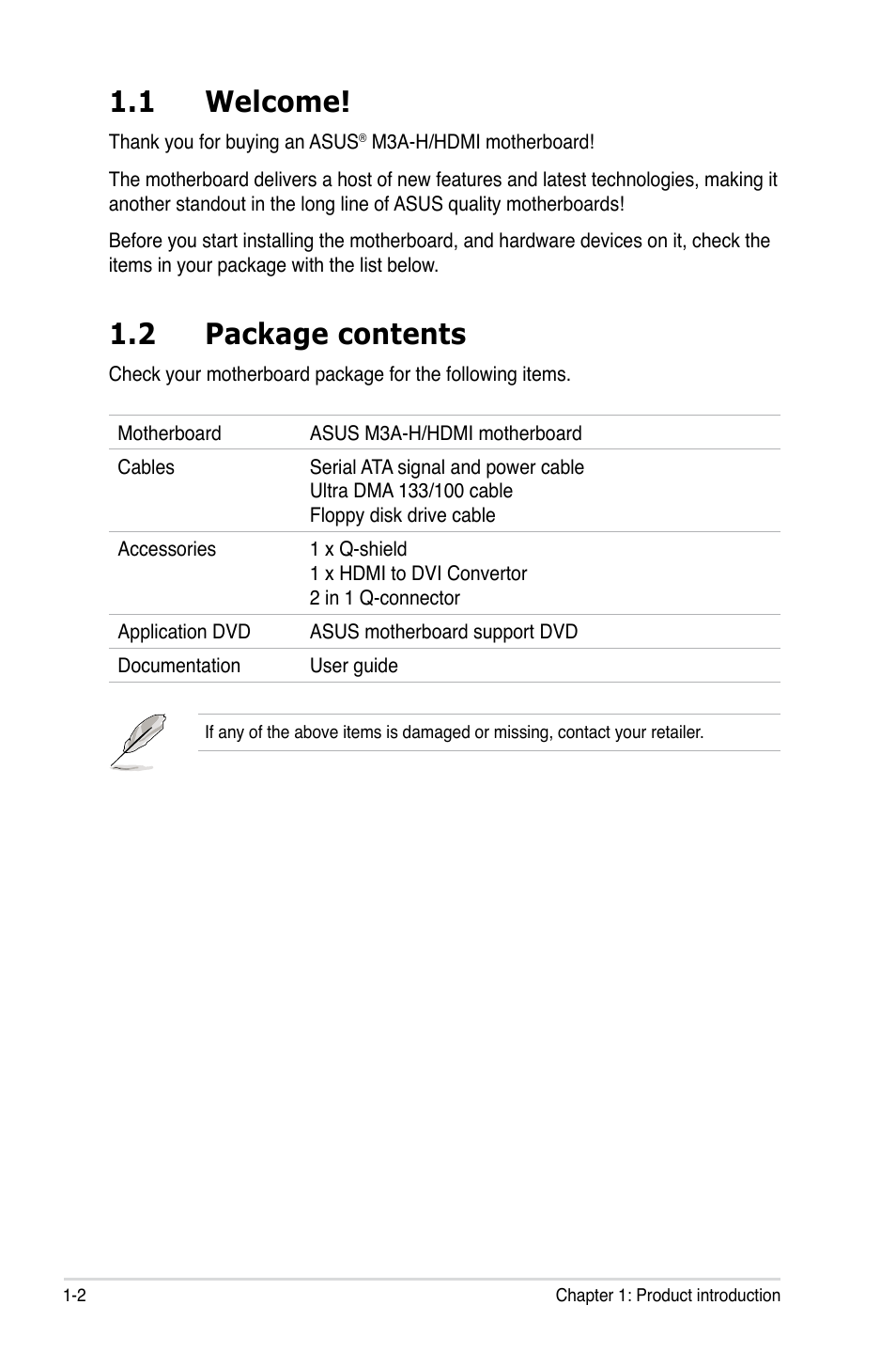 1 welcome, 2 package contents, Welcome! -2 | Package contents -2 | Asus M3A-H/HDMI User Manual | Page 14 / 106