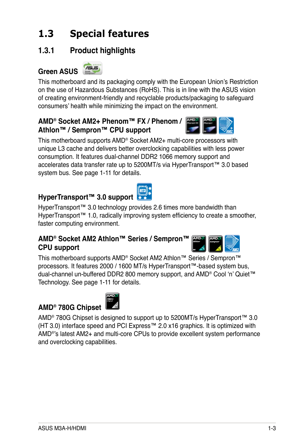 3 special features, 1 product highlights, Special features -3 1.3.1 | Product highlights -3 | Asus M3A-H/HDMI User Manual | Page 15 / 106