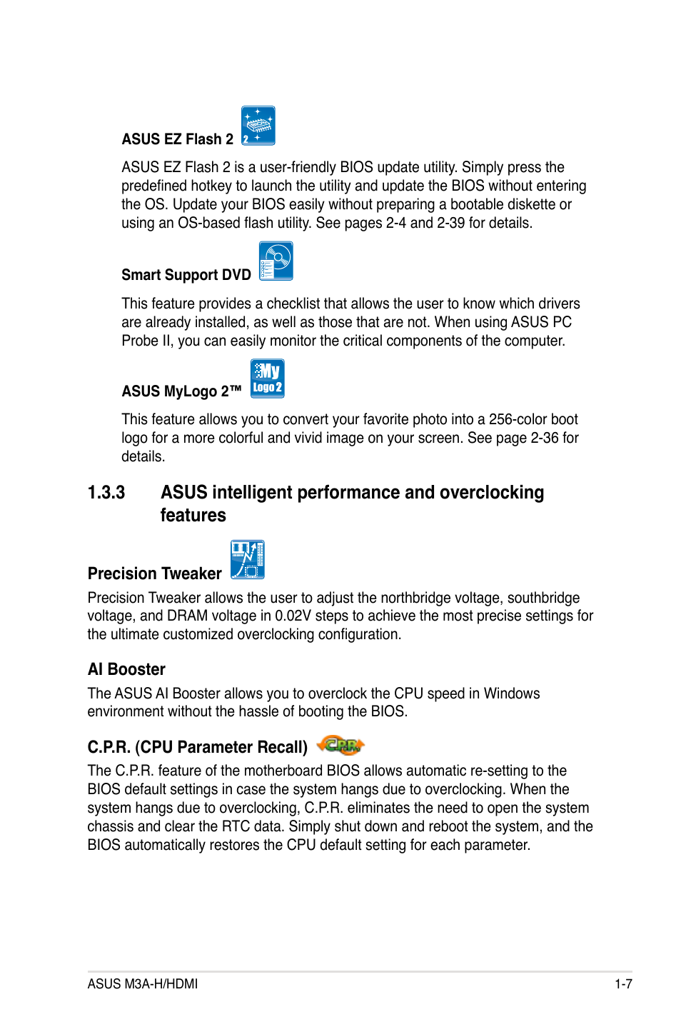 Asus intelligent performance and, Overclocking features -7 | Asus M3A-H/HDMI User Manual | Page 19 / 106