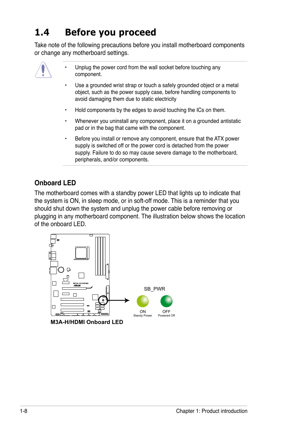 4 before you proceed, Before you proceed -8, Onboard led | Asus M3A-H/HDMI User Manual | Page 20 / 106