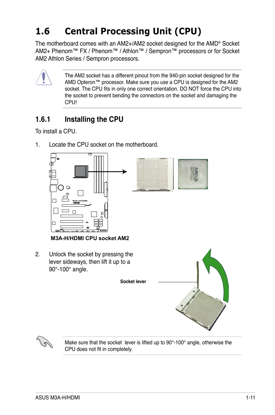 6 central processing unit (cpu), 1 installing the cpu, Central processing unit (cpu) -11 1.6.1 | Installing the cpu -11 | Asus M3A-H/HDMI User Manual | Page 23 / 106