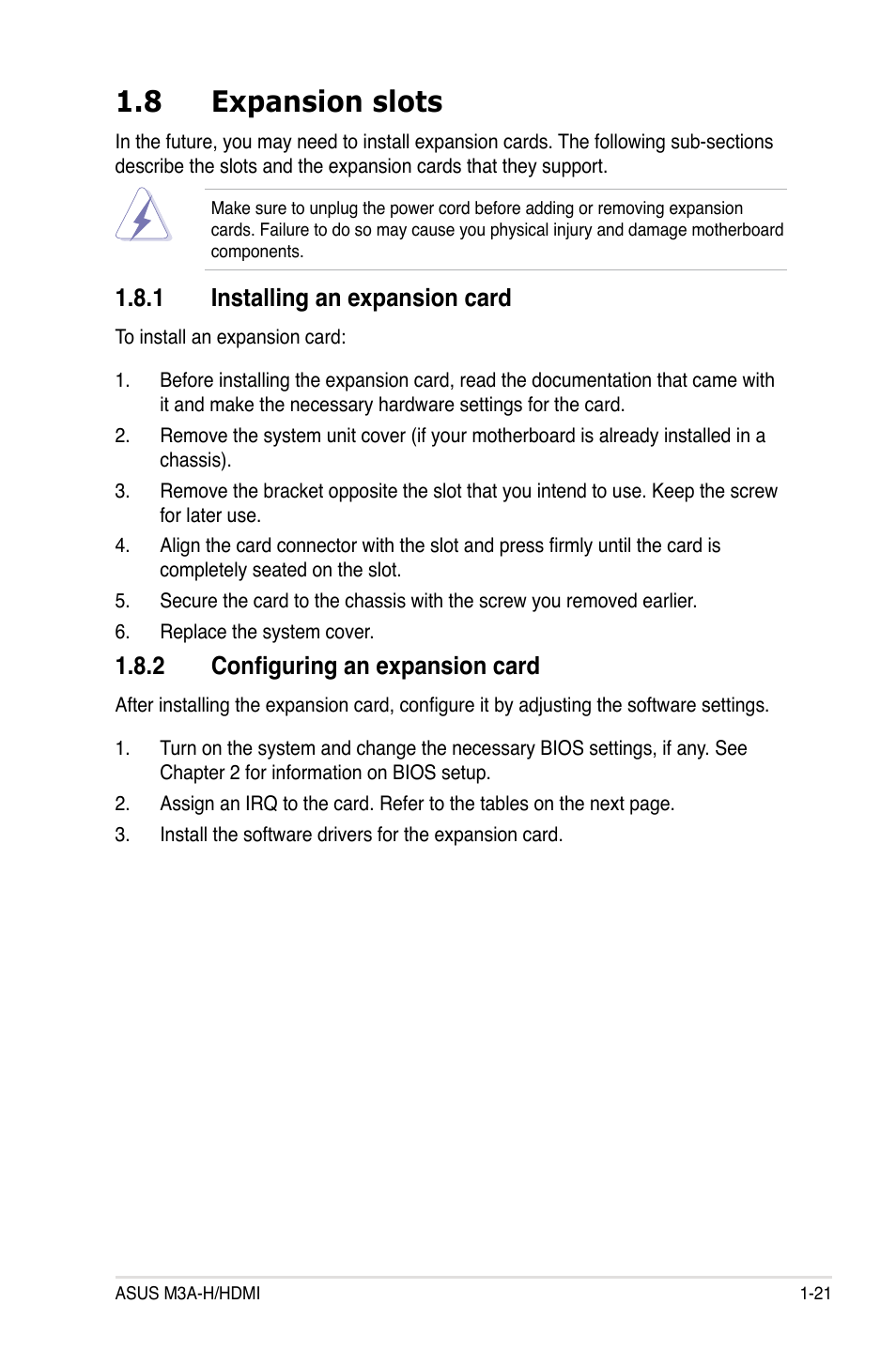 8 expansion slots, 1 installing an expansion card, 2 configuring an expansion card | Expansion slots -21 1.8.1, Installing an expansion card -21, Configuring an expansion card -21 | Asus M3A-H/HDMI User Manual | Page 33 / 106