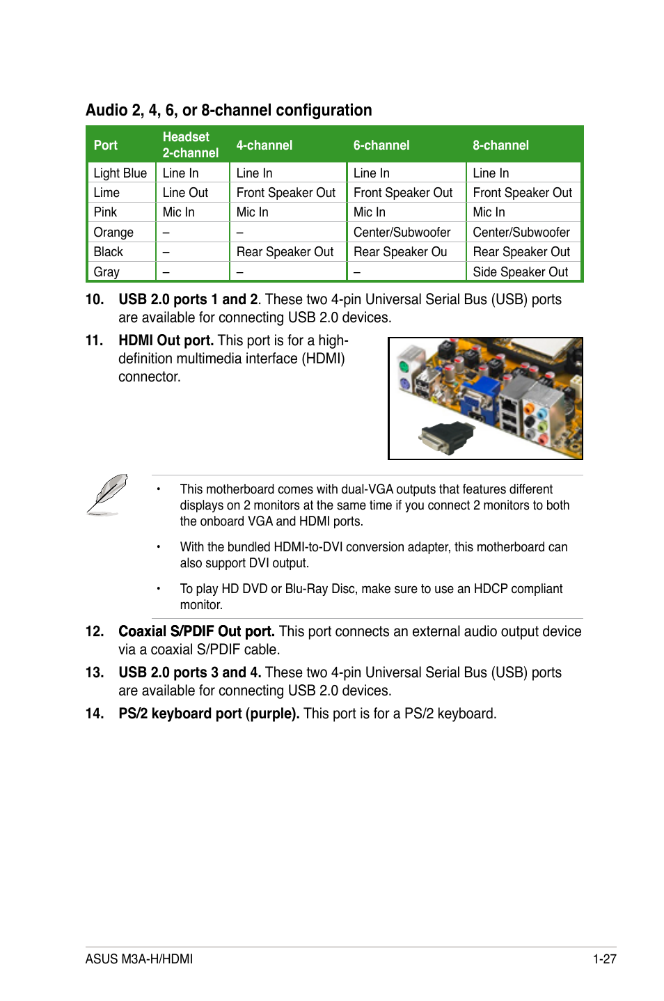 Audio 2, 4, 6, or 8-channel configuration | Asus M3A-H/HDMI User Manual | Page 39 / 106