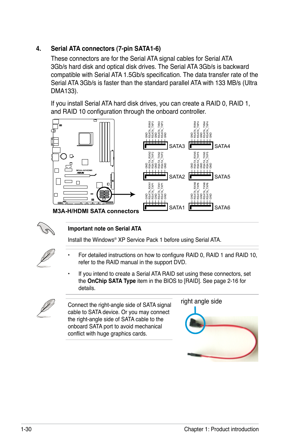 Right angle side, 30 chapter 1: product introduction, M3a-h/hdmi sata connectors | Sata1, Sata2, Sata3, Sata6, Sata5, Sata4 | Asus M3A-H/HDMI User Manual | Page 42 / 106