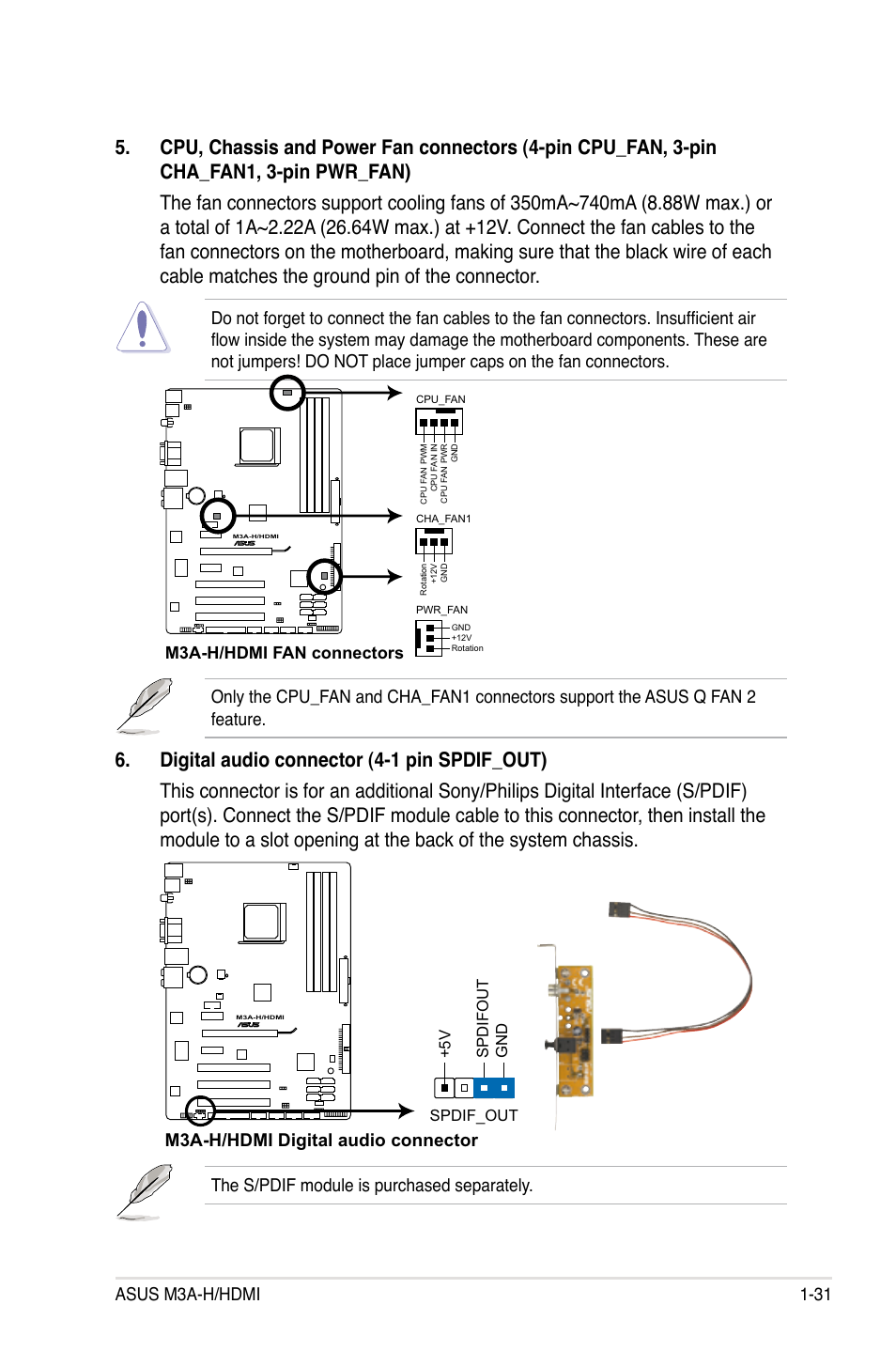 Asus m3a-h/hdmi 1-31, The s/pdif module is purchased separately, M3a-h/hdmi digital audio connector | Asus M3A-H/HDMI User Manual | Page 43 / 106