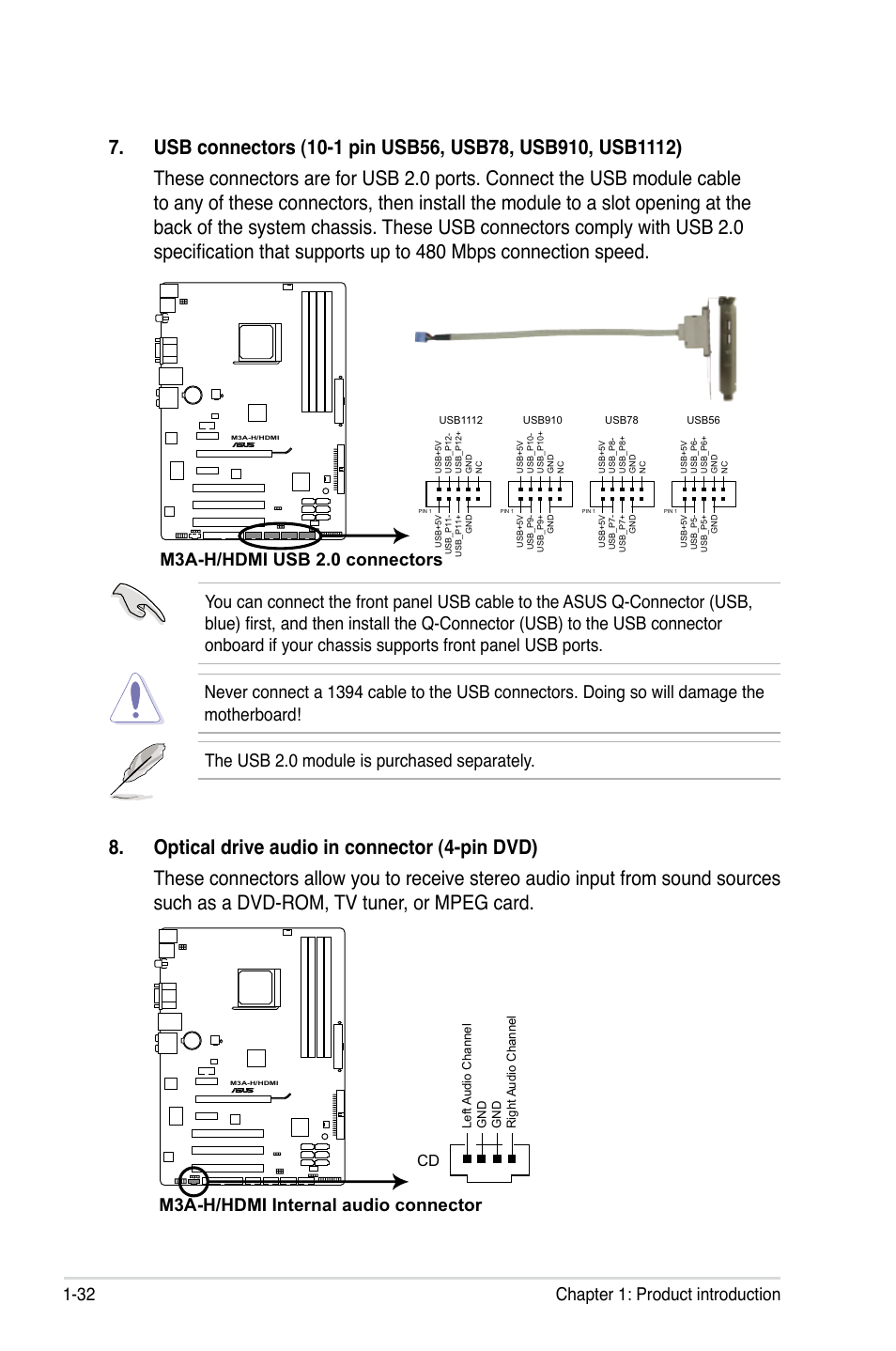 32 chapter 1: product introduction, The usb 2.0 module is purchased separately, M3a-h/hdmi usb 2.0 connectors | Asus M3A-H/HDMI User Manual | Page 44 / 106