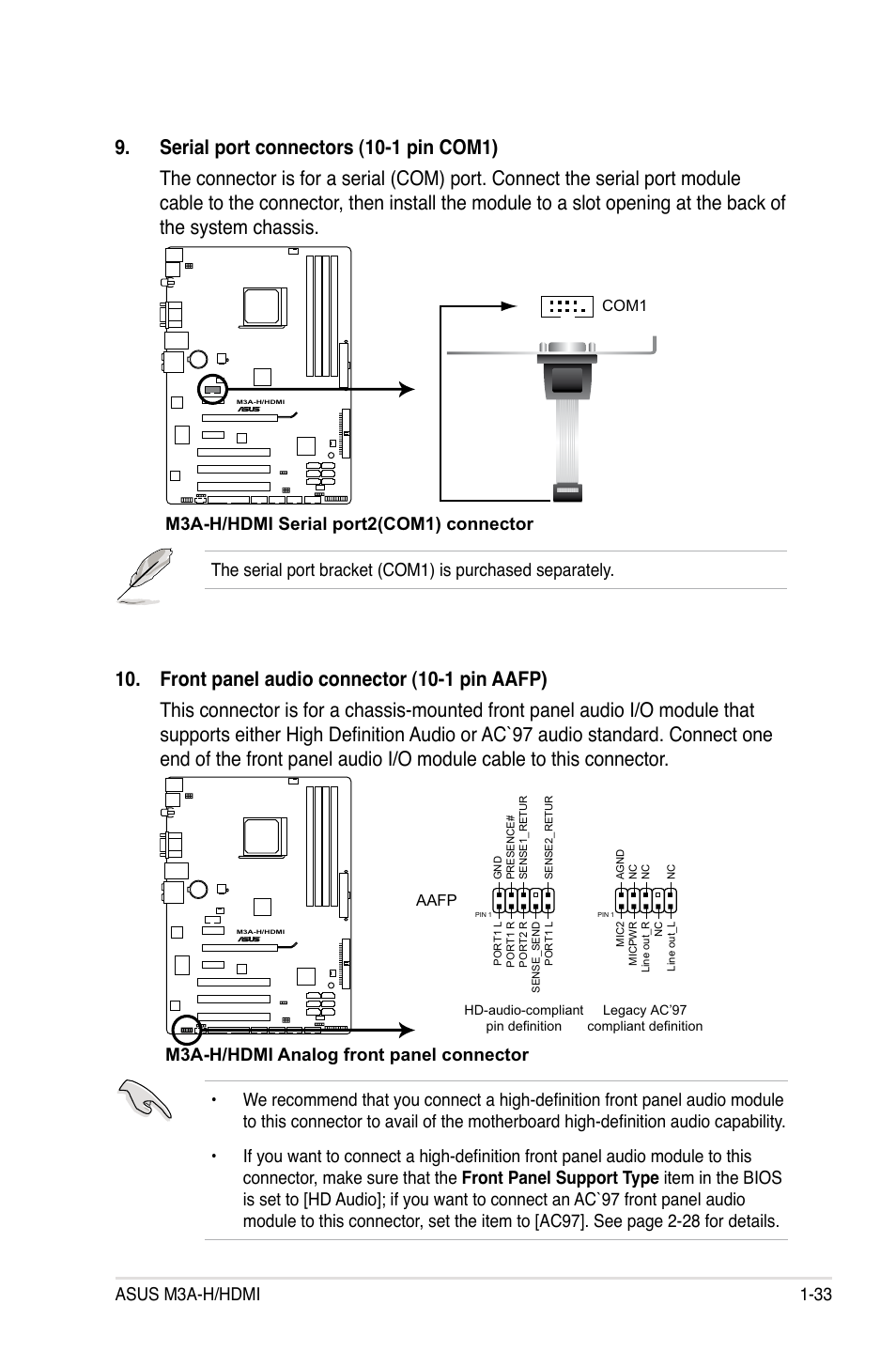 Asus m3a-h/hdmi 1-33, M3a-h/hdmi serial port2(com1) connector, M3a-h/hdmi analog front panel connector | Asus M3A-H/HDMI User Manual | Page 45 / 106