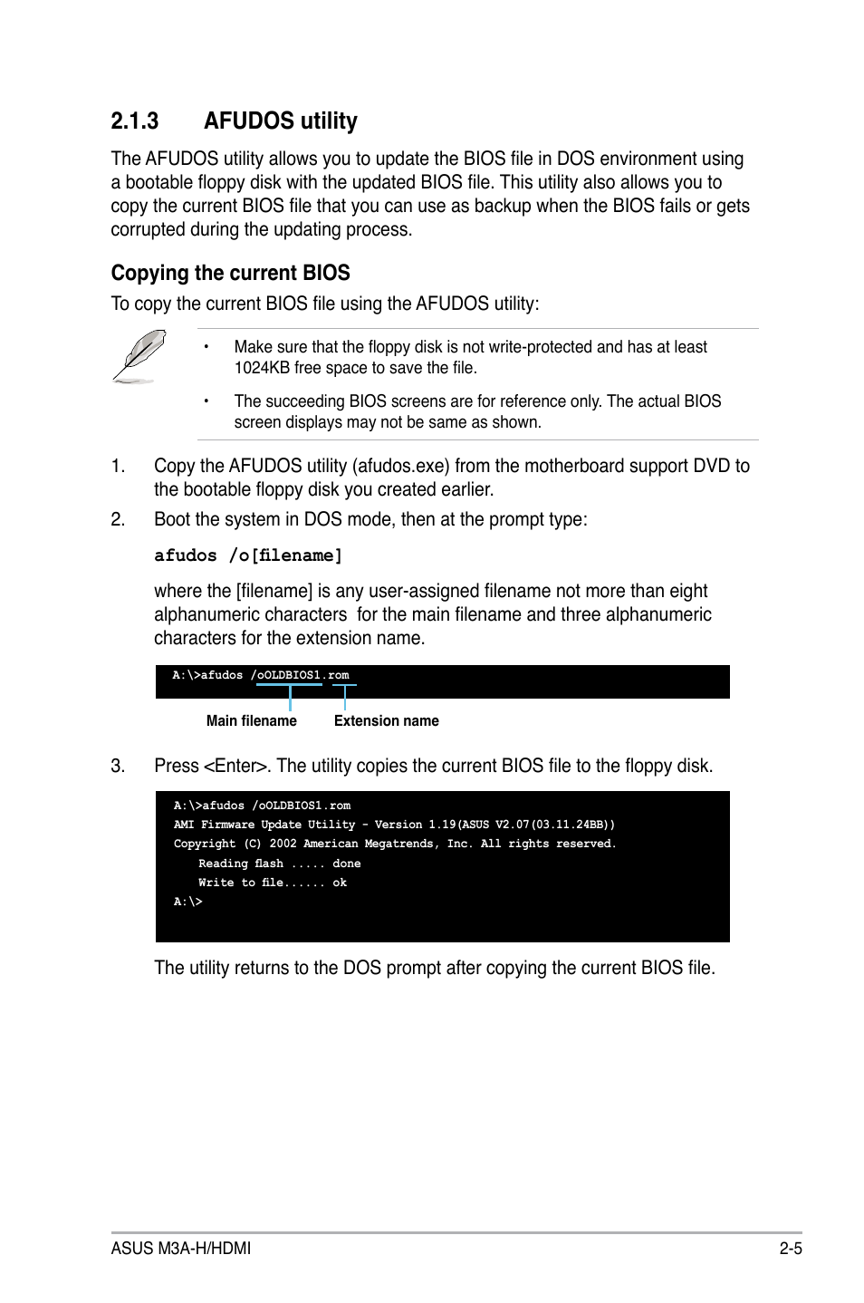 3 afudos utility, Afudos utility -5, Copying the current bios | Asus M3A-H/HDMI User Manual | Page 53 / 106