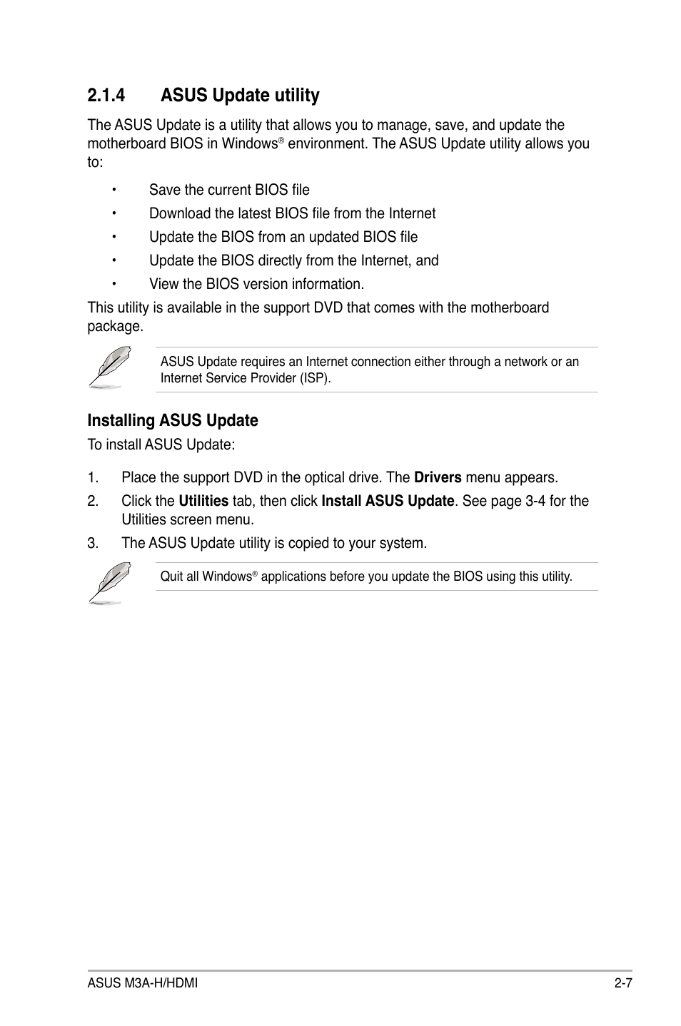 4 asus update utility, Asus update utility -7, Installing asus update | Asus M3A-H/HDMI User Manual | Page 55 / 106